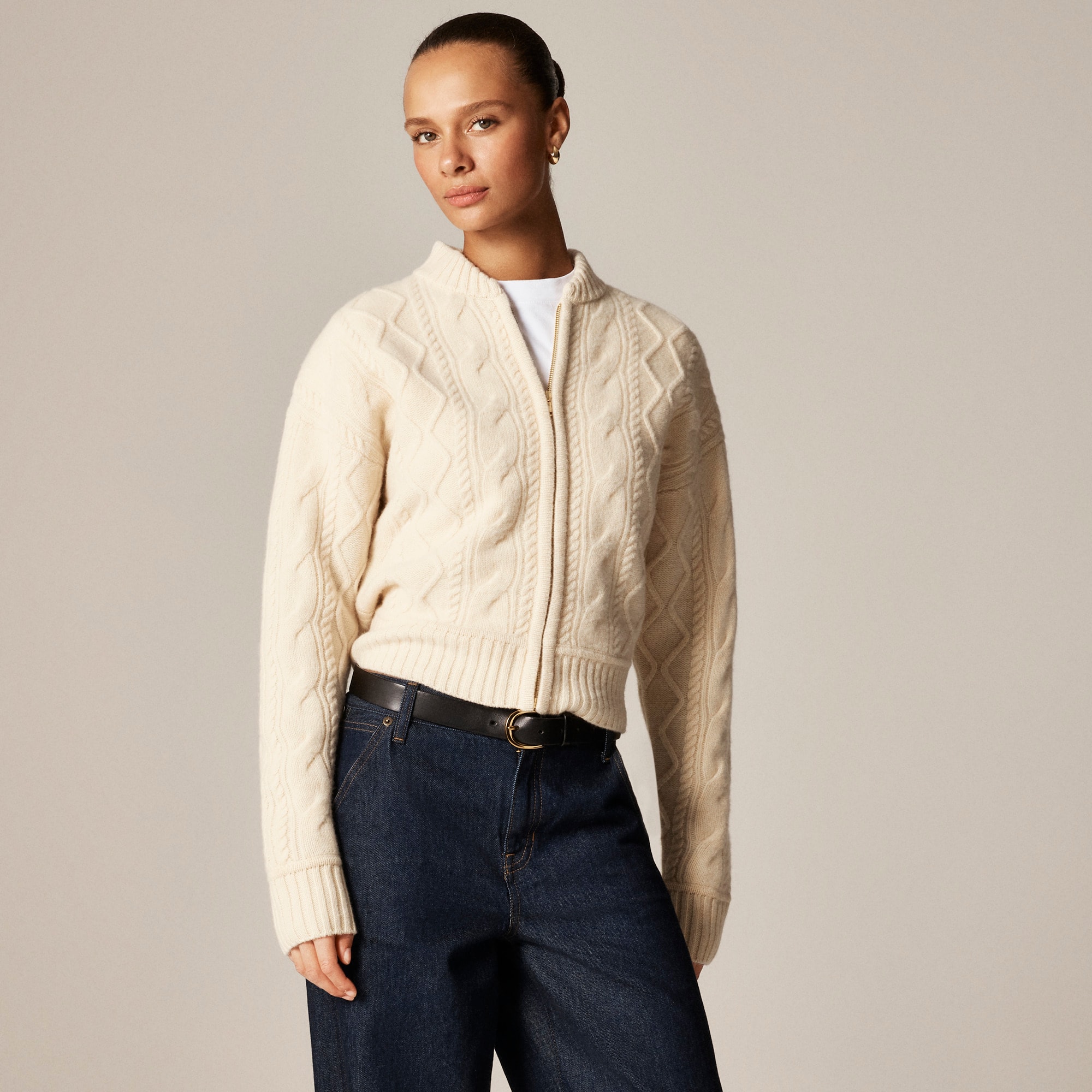 Wool Cable-Knit Bomber Jacket