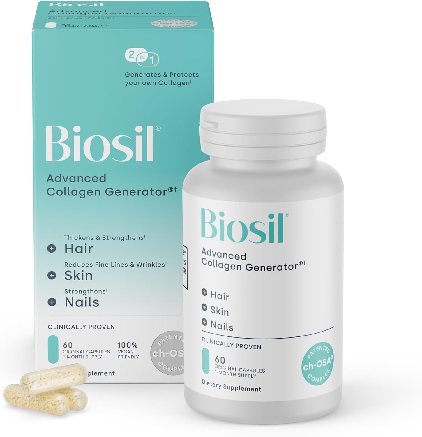 Biosil Collagen Booster Supplement - 60 Original Capsules - Patented Ch-Osa Activator for Skin, Hair, Nails &amp;amp; Joints - Supports Natural Production - 30-Day Supply