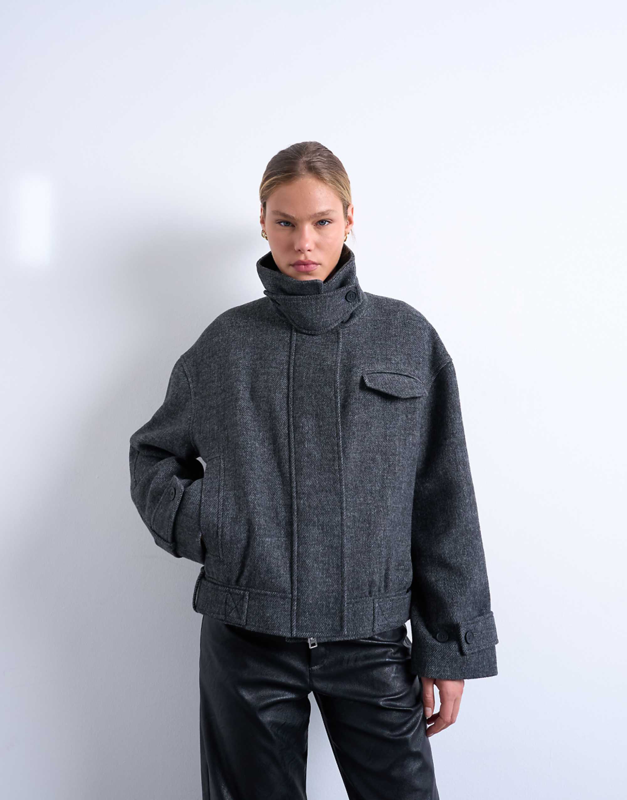 Topshop Wool Look Funnel Neck Bomber Jacket With Tab Detail in Charcoal