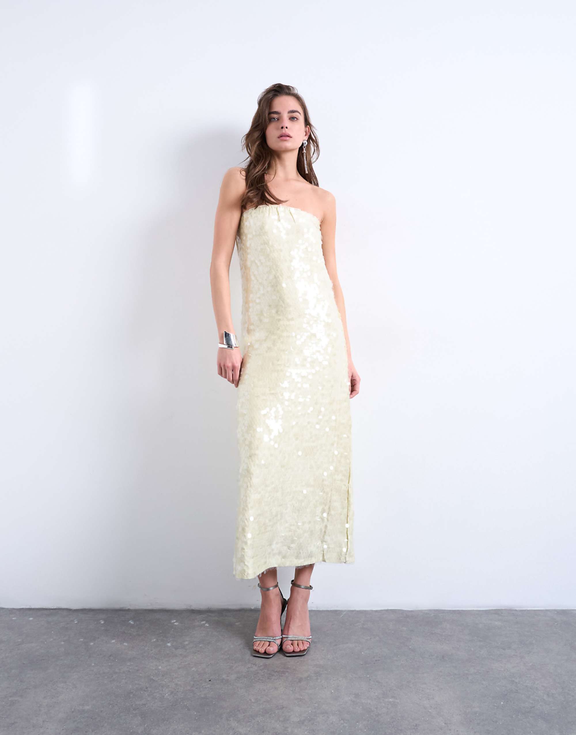 Topshop Sequin Bandeau Midi in Buttermilk