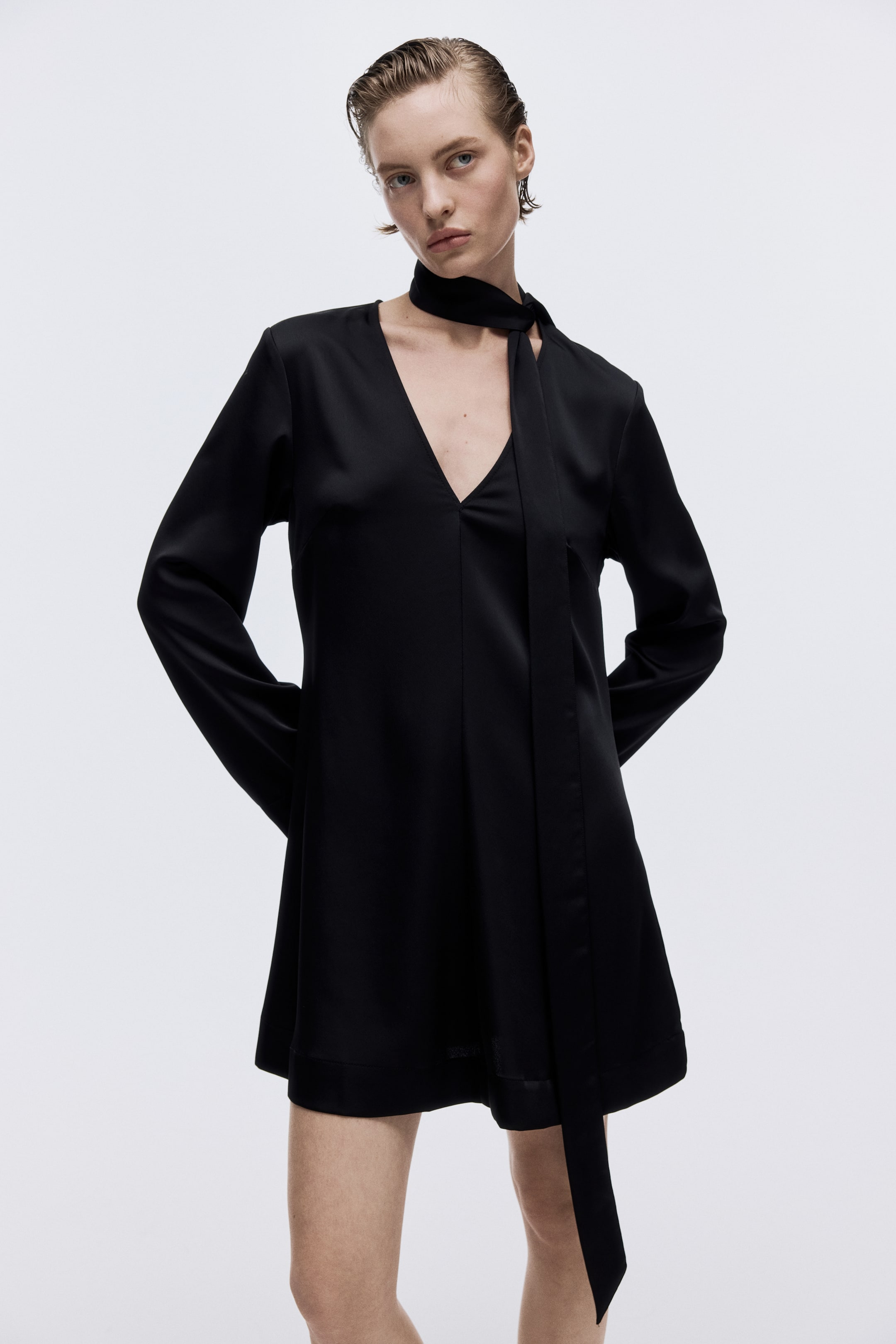 Scarf-Detail Satin Dress - Black