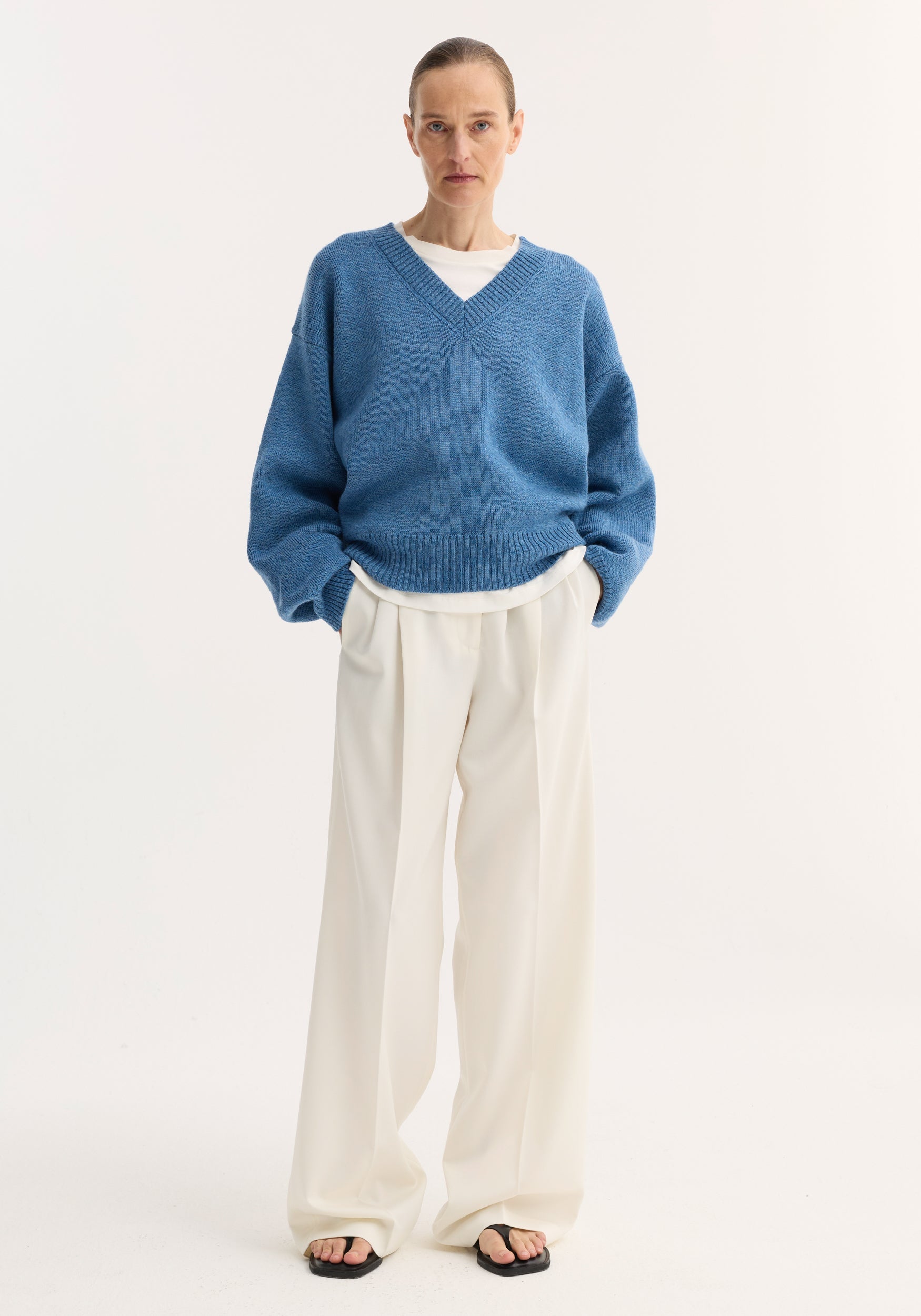 V-Neck Knitted Jumper | Denim Blue Melange