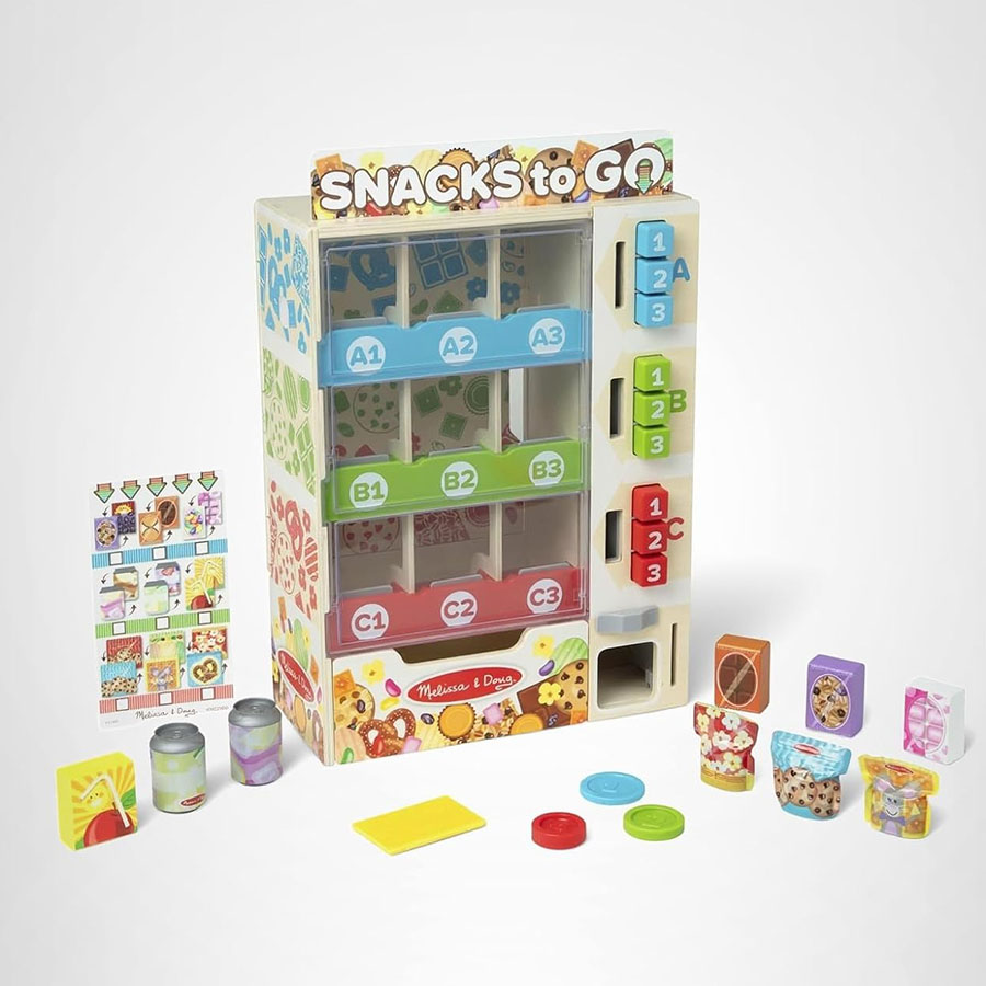Melissa &amp;amp; Doug Sort-Stock-Select Wooden Vending Machine Toy With Play Food, Mini Vending Machine Toys &amp;amp; Play Money, Preschool Toys for Kids Ages 3+