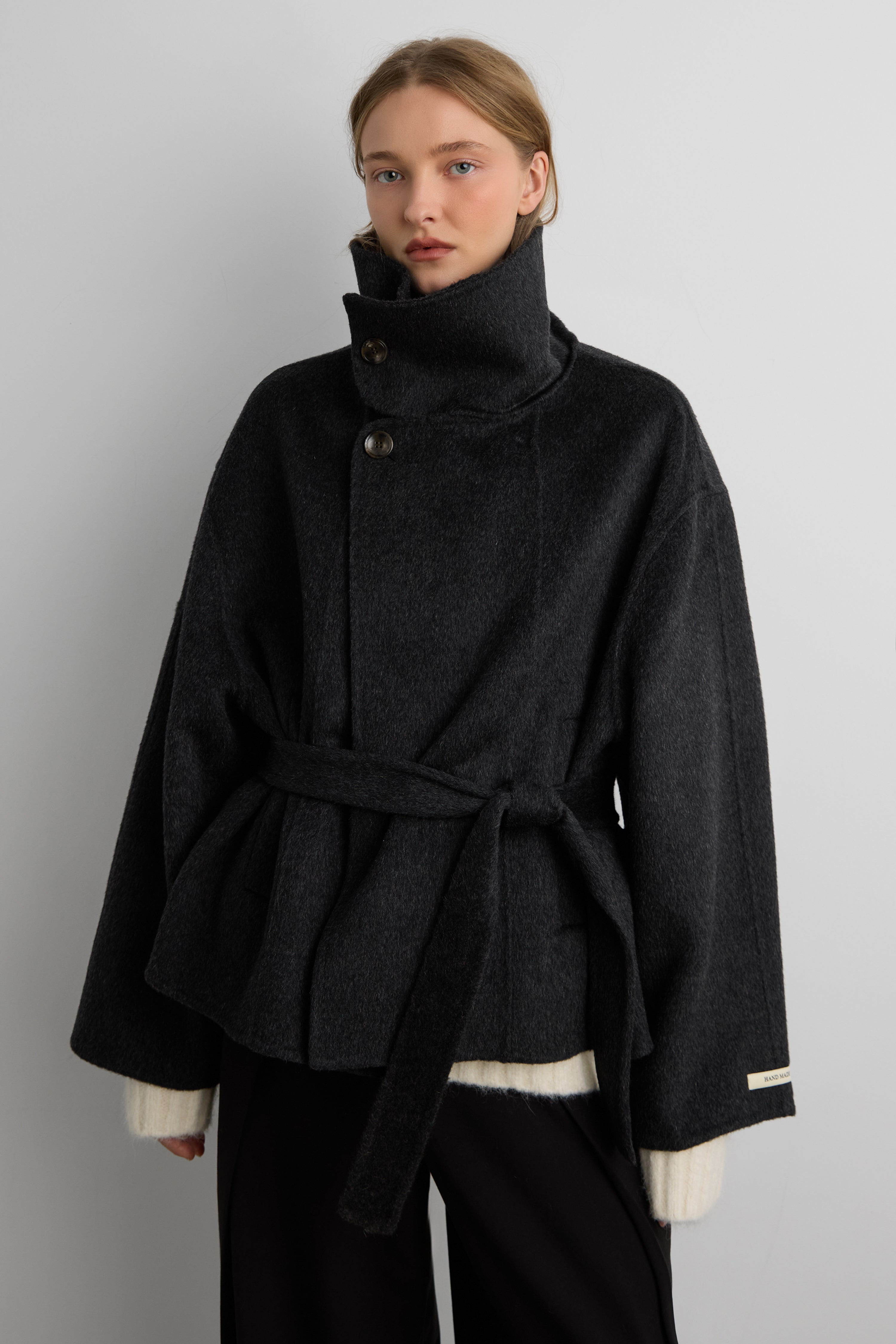 Brushed Wool Hand Made Funnel Neck Coat With Belt