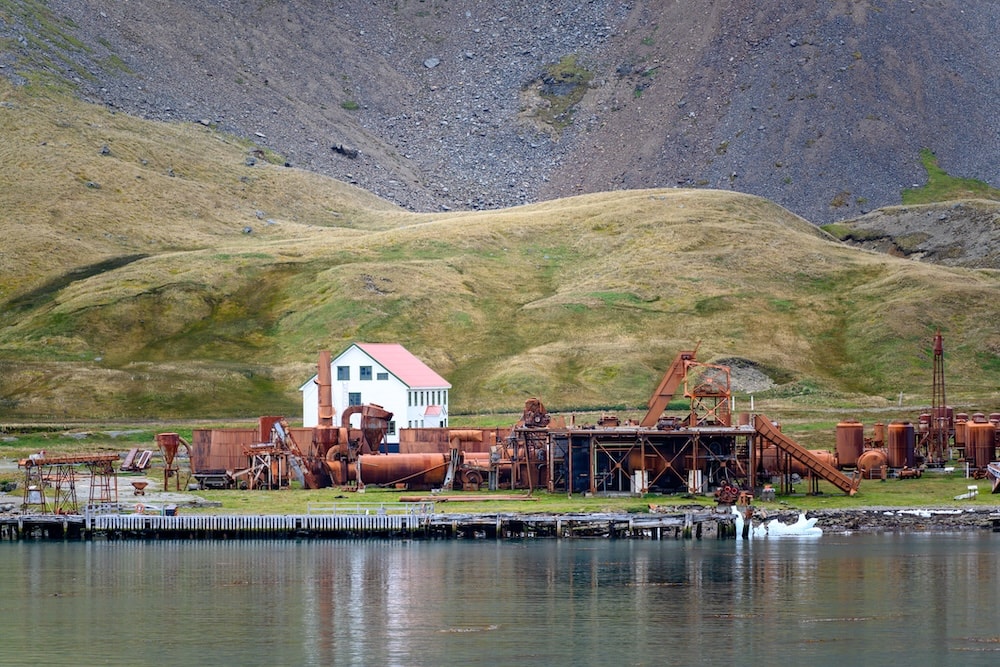 Grytviken rusty steel tanks of abandoned whaling station in the Antarctic destination of South Georgia