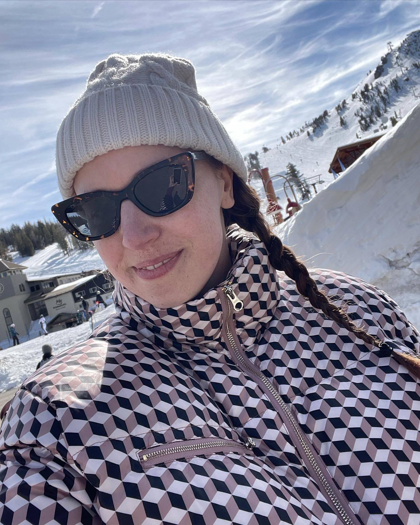 Erin Fitzpatrick wears a printed ski jacket.