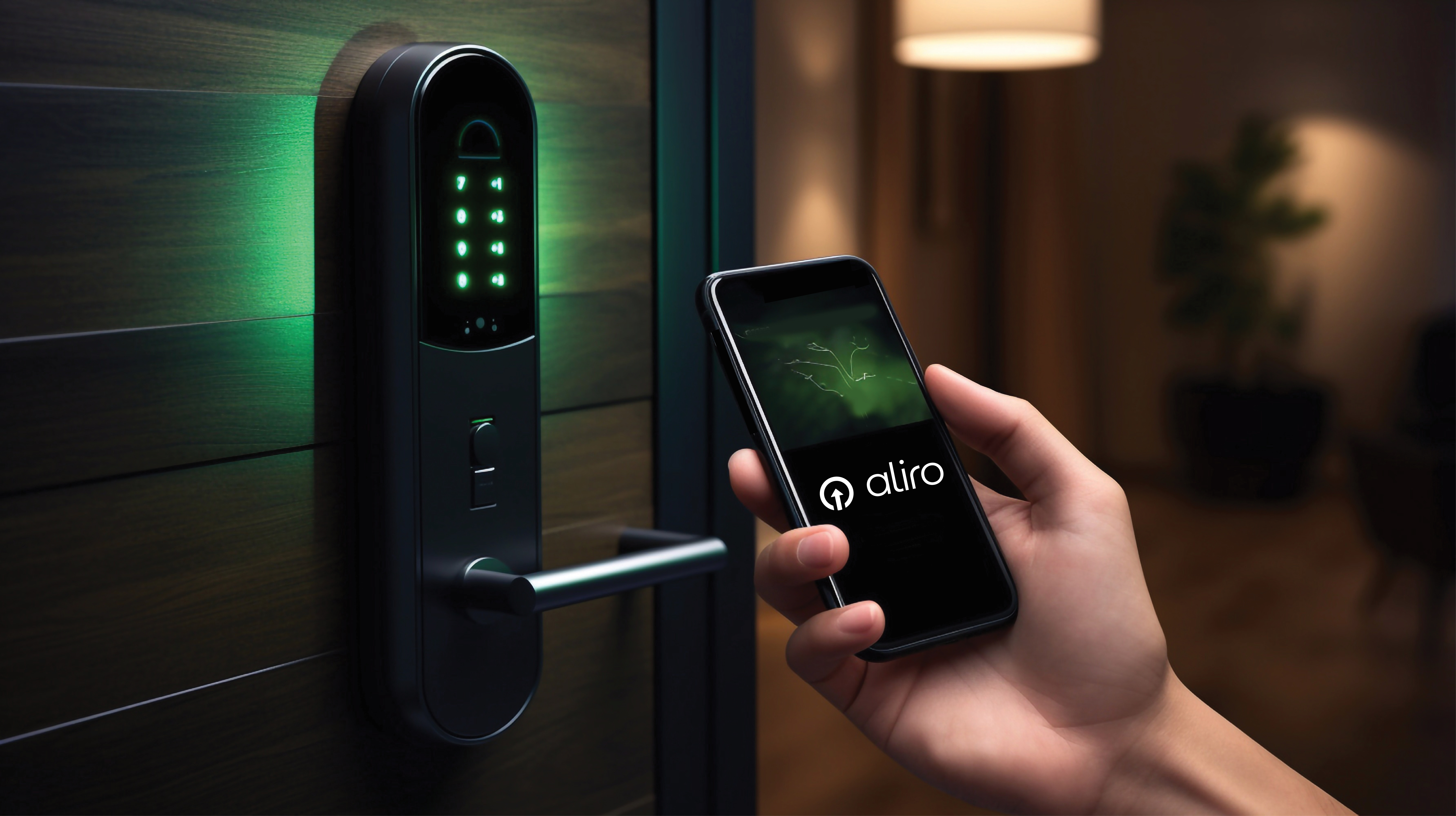 A hand holding a phone next to a smart door lock.
