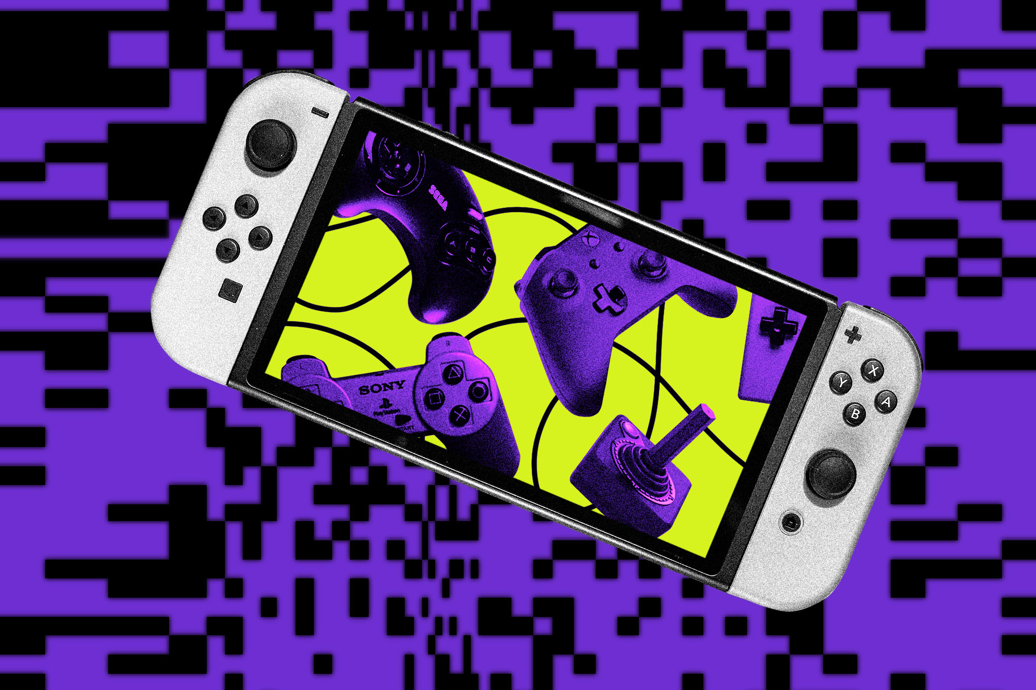 A photo collage of a Nintendo Switch filled with other video game consoles.