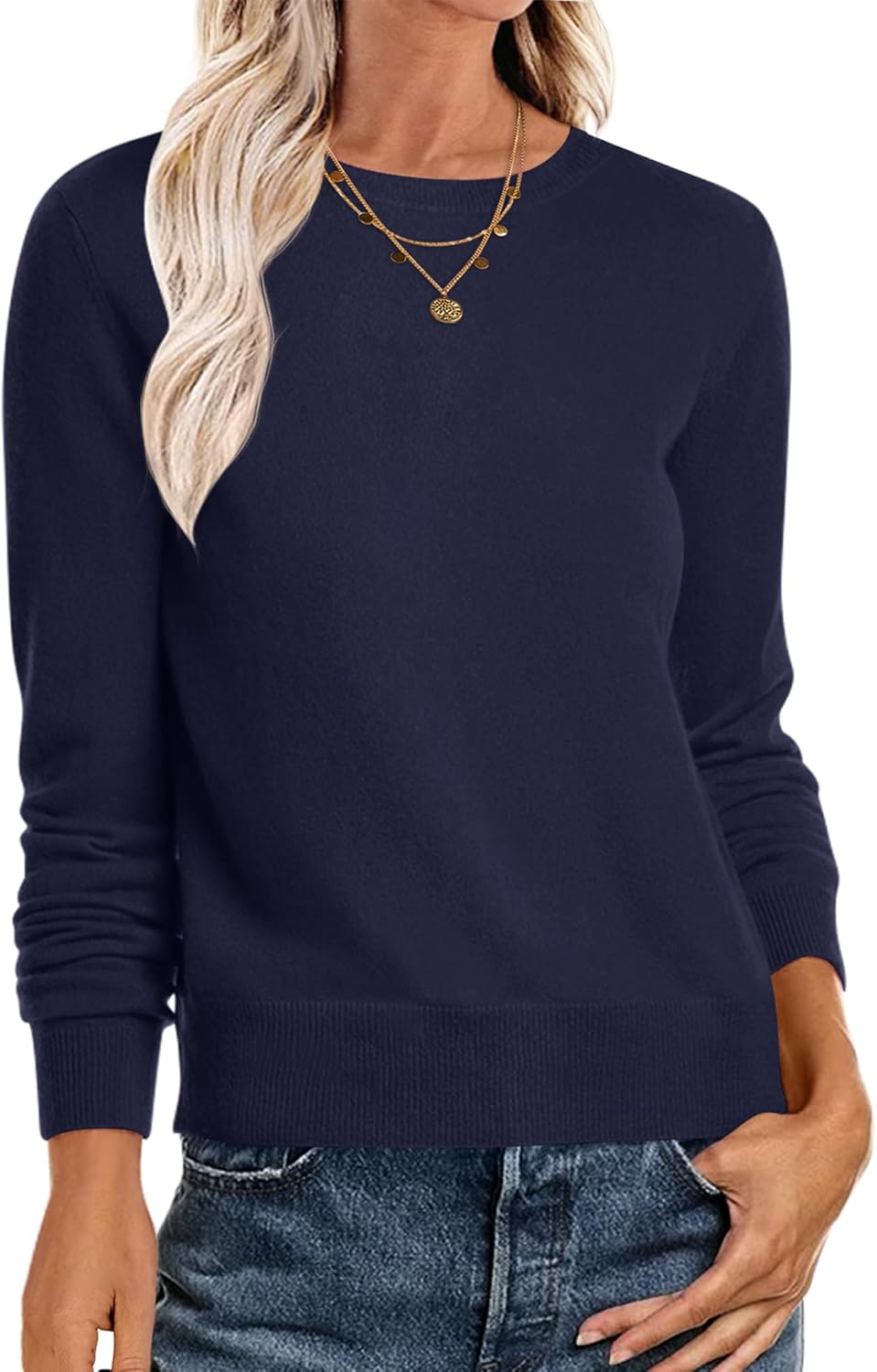 Anrabess Sweaters for Women Long Sleeve Lightweight Crewneck Soft Basic Knit Loose Fit Pullover Top 2025 Fall Trendy Outfits Navy Small