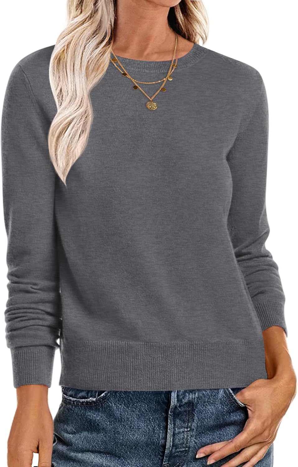 Anrabess Sweaters for Women Long Sleeve Lightweight Crewneck Soft Basic Knit Loose Fit Pullover Top 2025 Fall Trendy Outfits Dark Gray Small