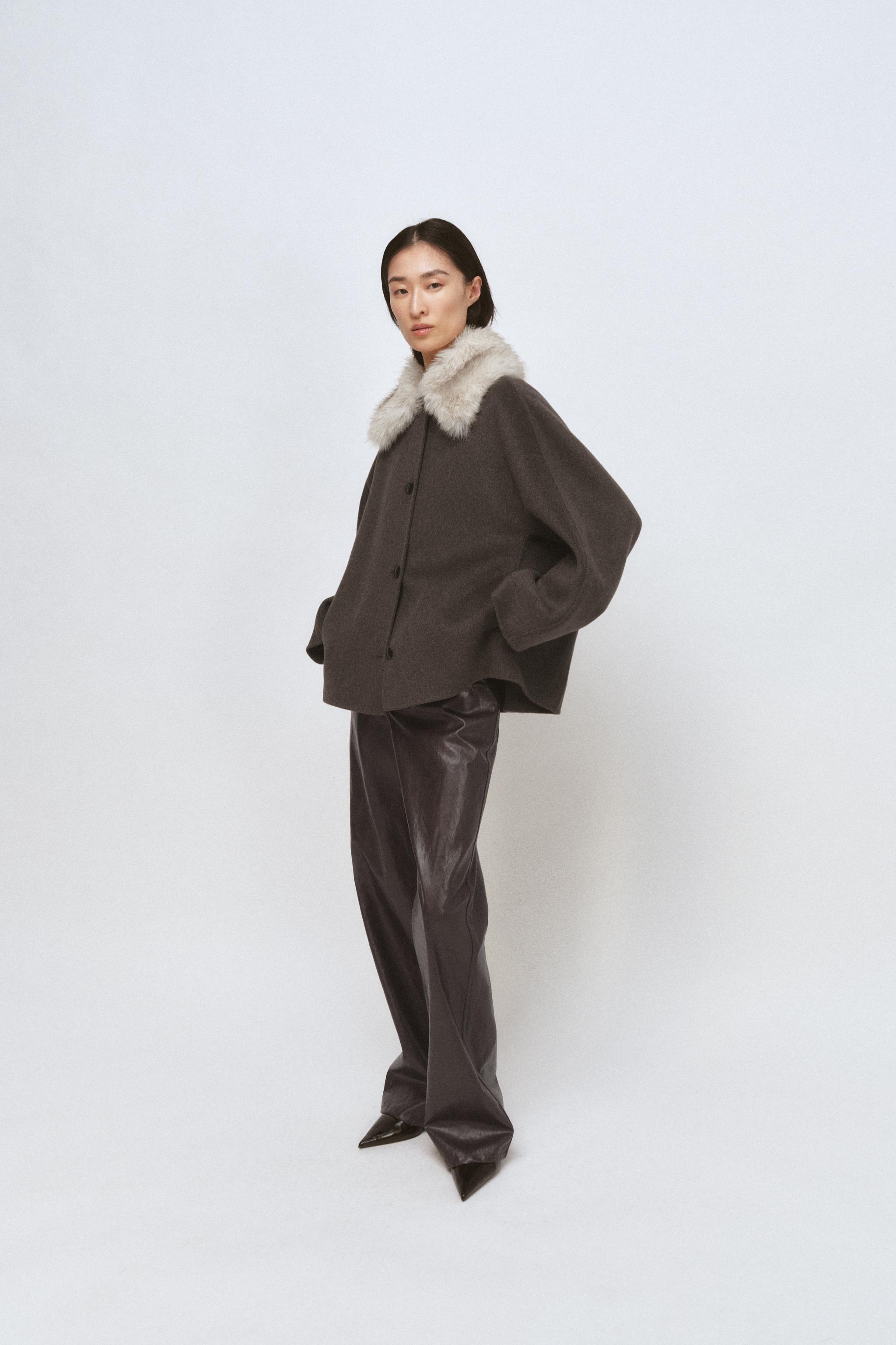 Wool Blend Coat With Faux Fur Collar Zw Collection