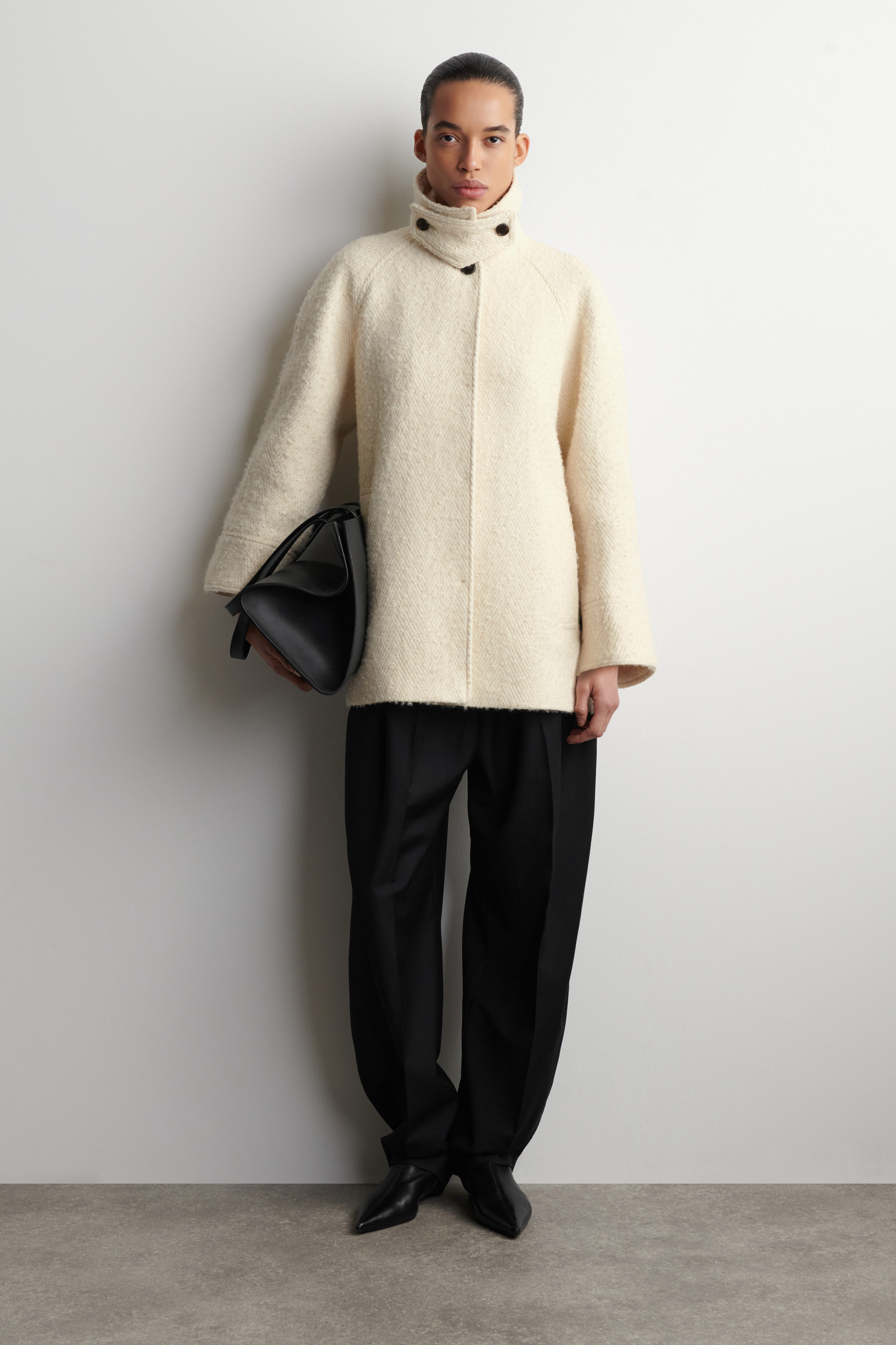 Mock-Neck Wool-Herringbone Short Coat