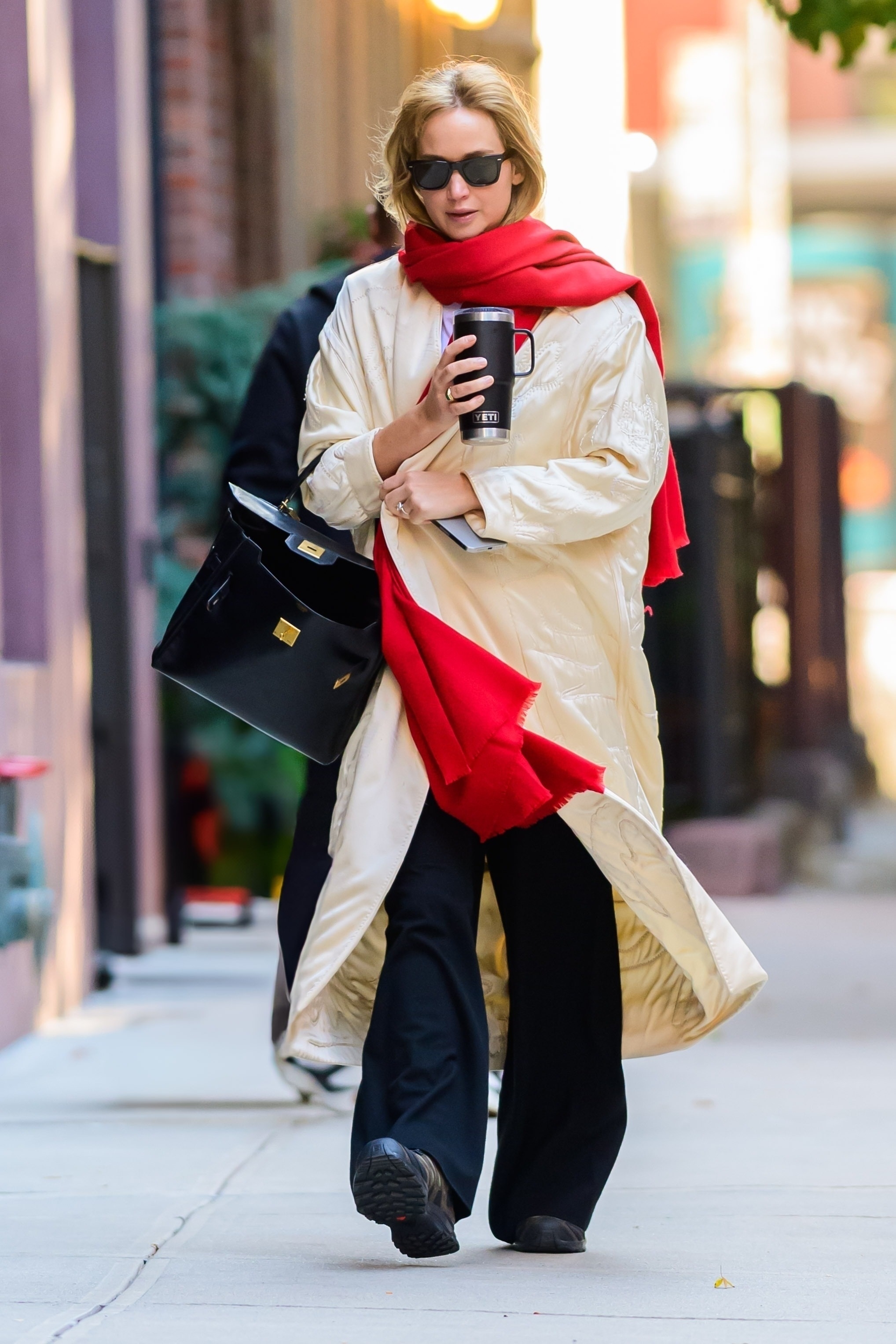 Jennifer Lawrence in black drawstring pants