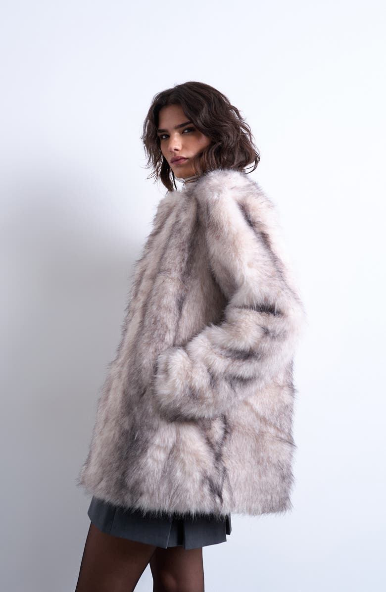 Collarless Faux Fur Coat