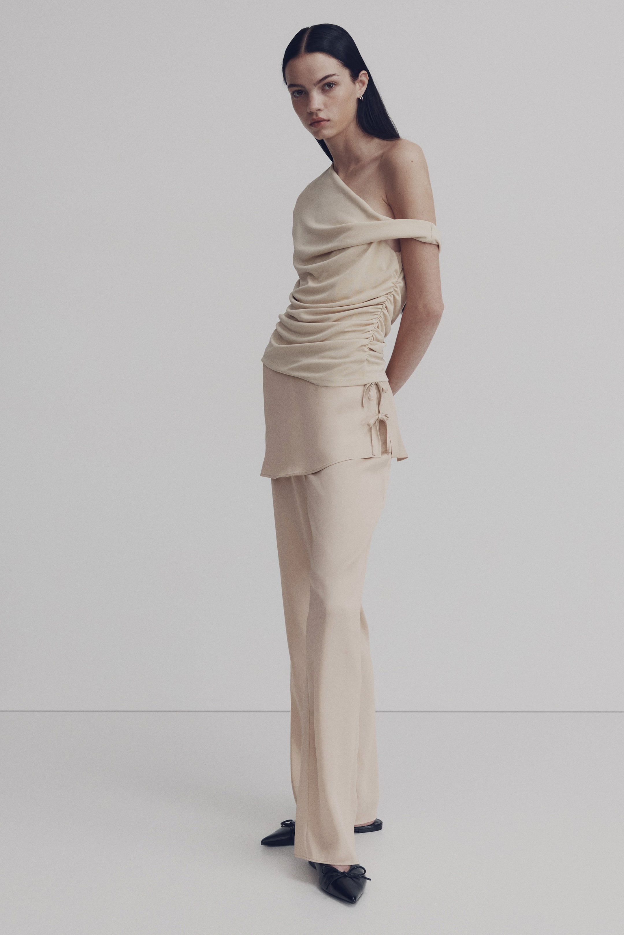 Satin Pants With Layered Skirt - Light Beige