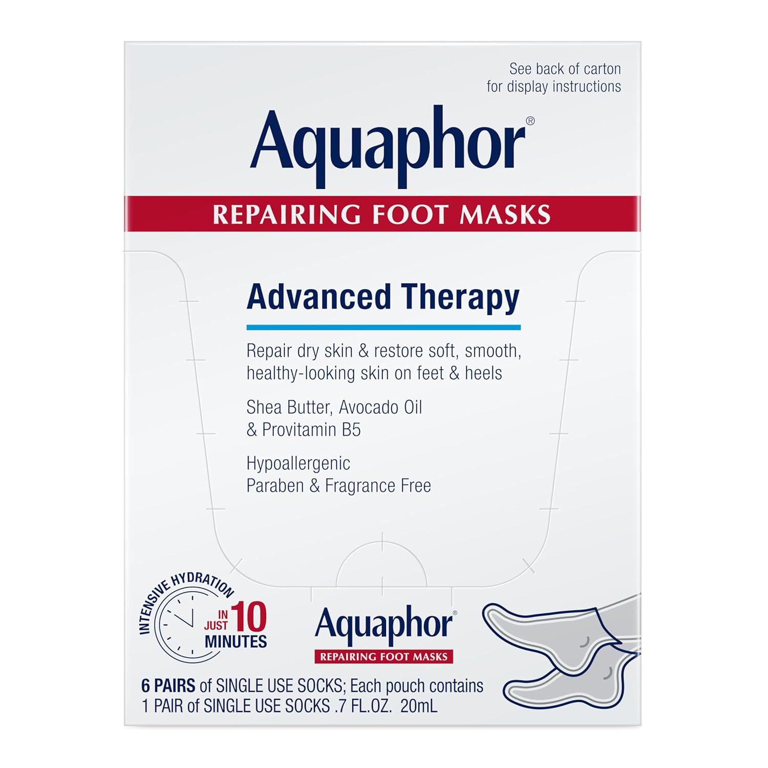 Aquaphor Repairing Foot Masks, Moisturizing Socks for Dry Feet, Hydrating Foot Care Treatment With Avocado Oil and Shea Butter, Pack of 6