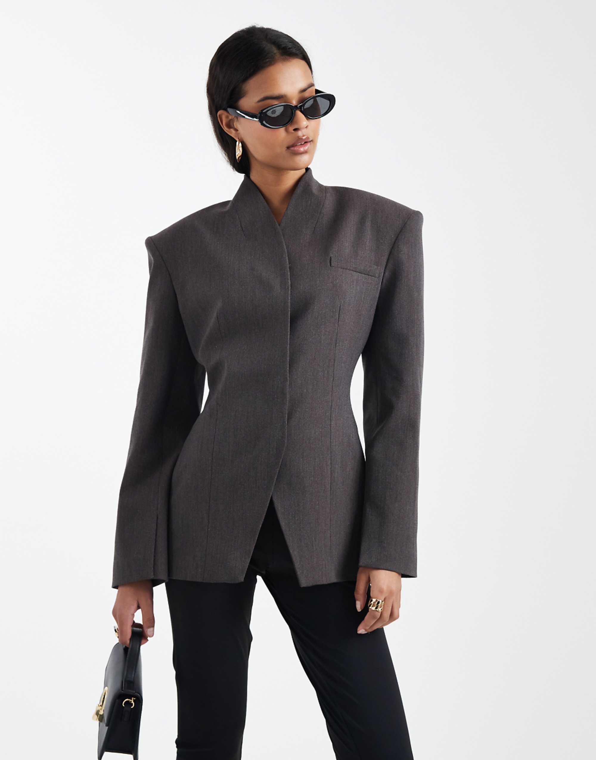 Asos Design High Neck Wrap Blazer in Dark Chocolate Melange