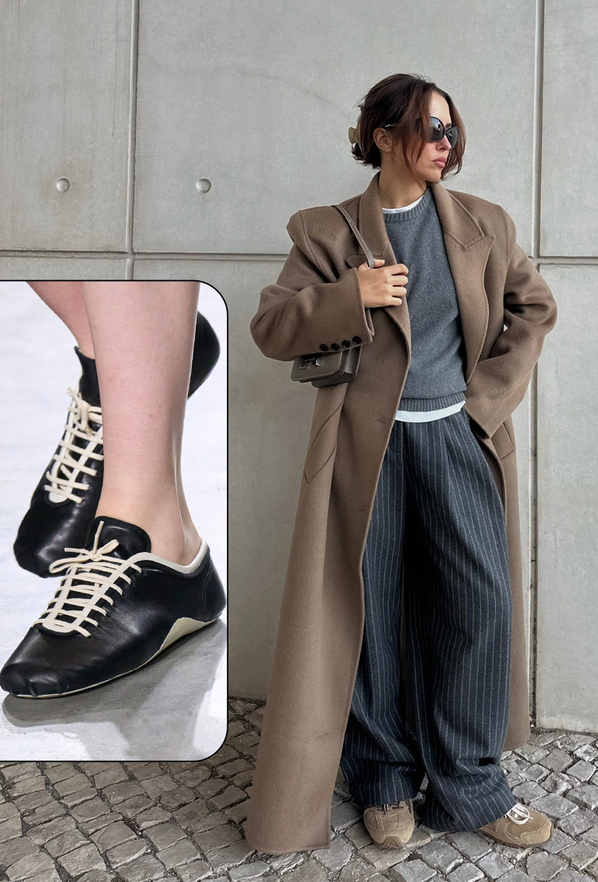 Shoe trends to wear with leggings, jeans, and skirts are shown in a collage of runway and street style images. On the left, a close-up photo from Dries Van Noten's spring 2026 runway show depicts a model's foot wearing black leather sneakers. On the right, a woman stands outside in front of a concrete wall wearing brown sunglasses, a brown claw clip, a long brown maxi coat, a white t-shirt layered underneath a gray crewneck sweater styled with gray pinstripe trousers, a brown shoulder bag, and brown suede sneakers