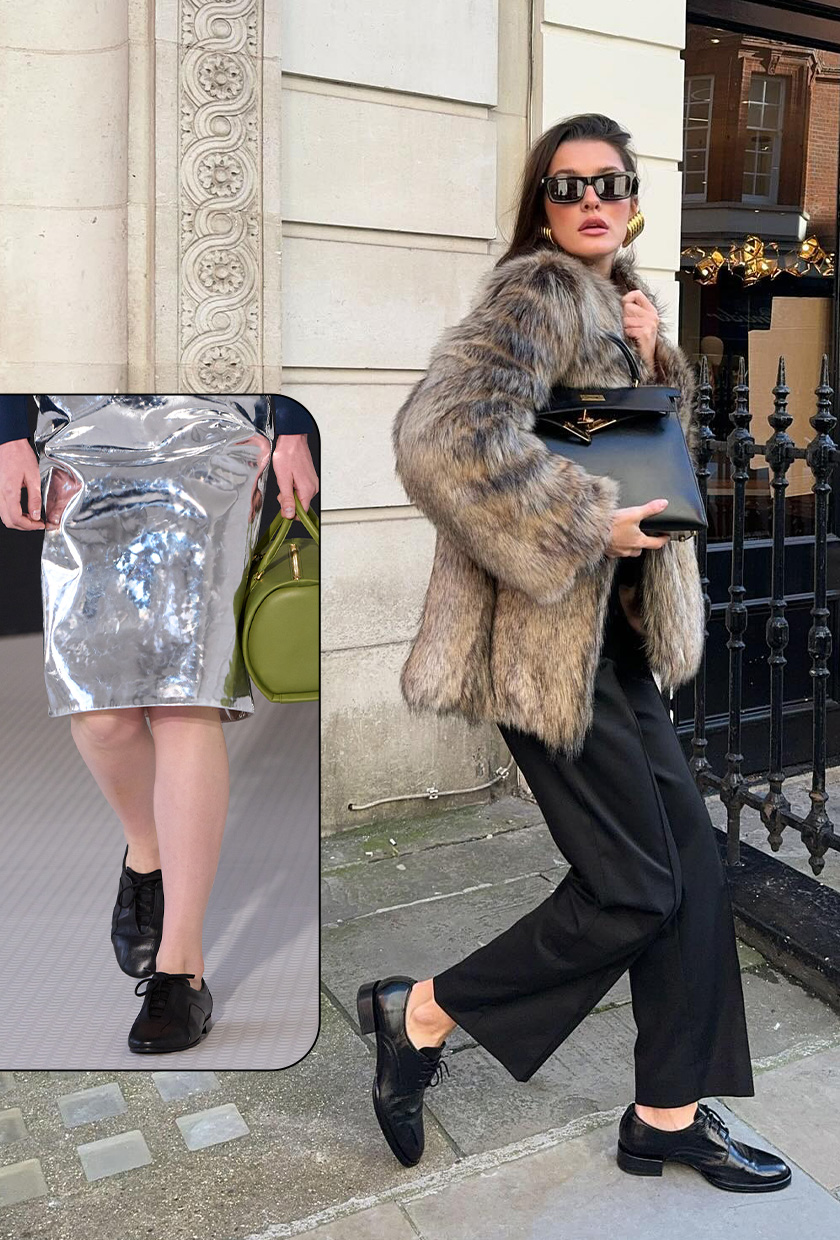 Shoe trends to wear with leggings, jeans, and skirts are shown in a collage of runway and street style images. On the left, a close-up photo from Jil Sander's spring 2026 runway show depicts a model wearing a navy sweater, silver skirt, green bowler bag, and black Oxford shoes. On the right, a woman is walking on the sidewalk wearing black sunglasses, gold earrings, a brown fur coat, a black handbag, black trousers, and black derby shoes