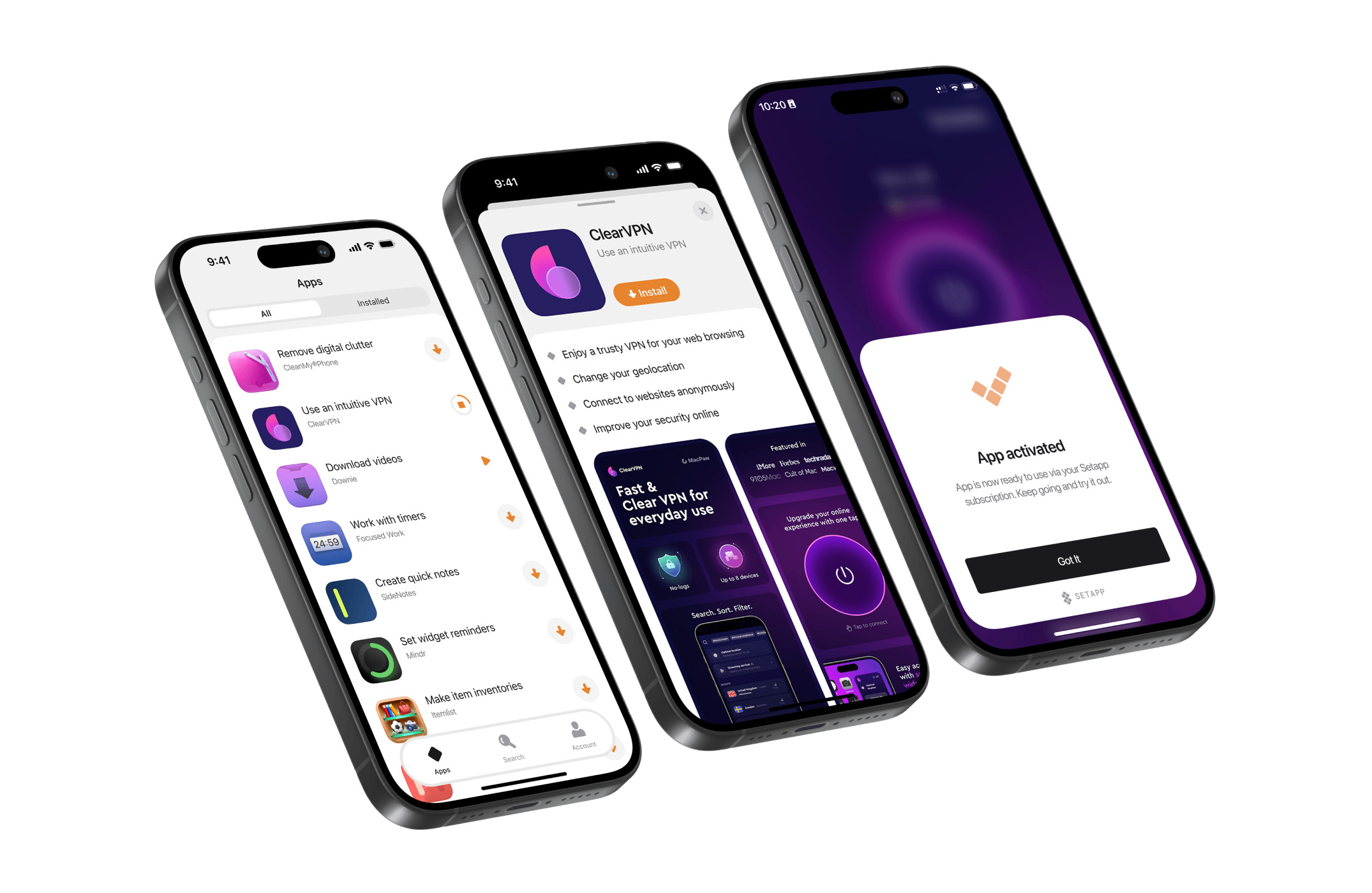 Three phones showing three stages of Setapp Mobile app browsing, verification, and installation.