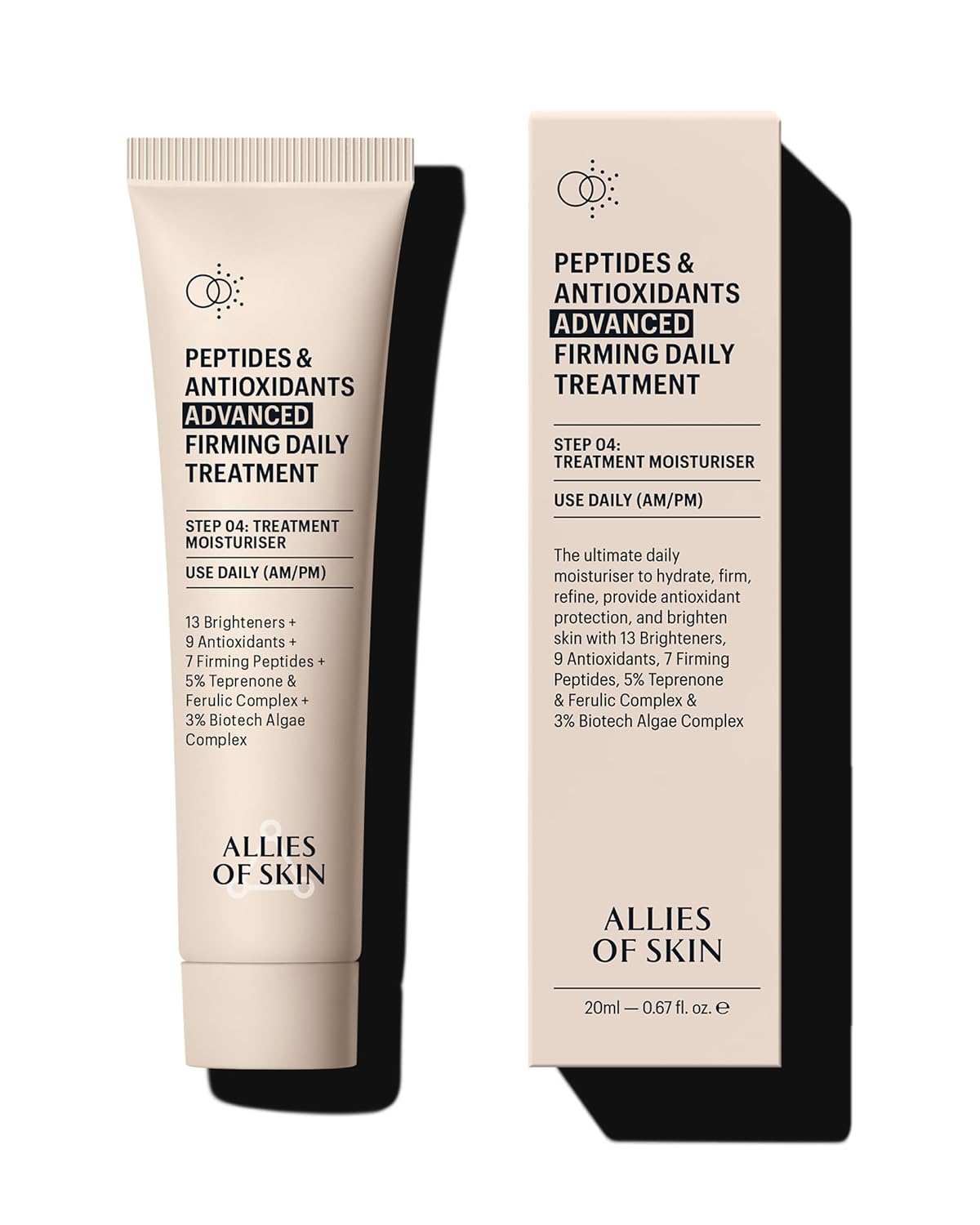 Allies of Skin Peptides &amp;amp; Antioxidants Advanced Firming Daily Treatment With 13 Brighteners, 9 Antioxidants, 7 Firming Peptides, 5% Teprenone &amp;amp; Ferulic Complex and 3% Biotech Algae Complex 20ml/0.67oz
