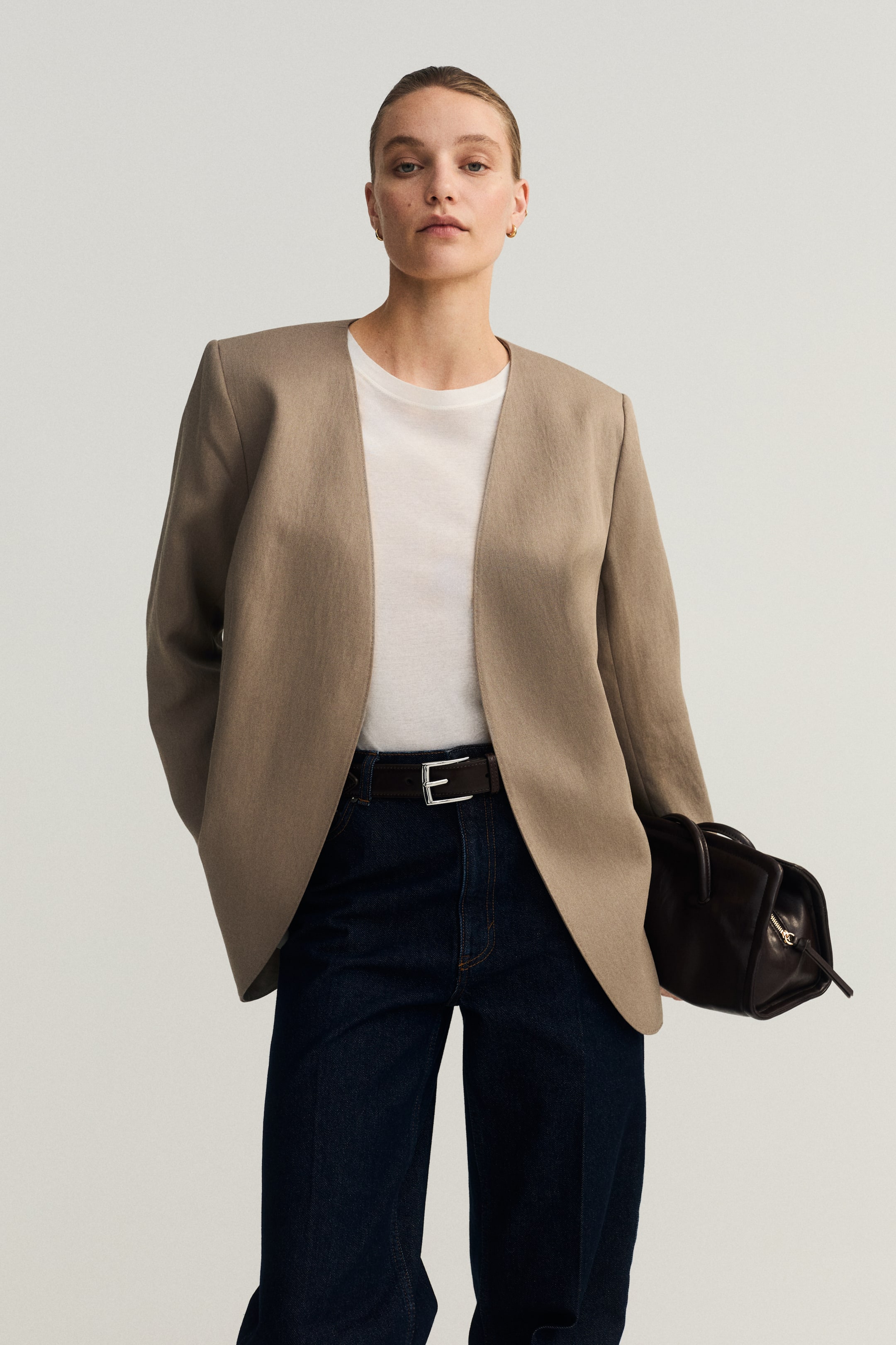 Collarless Blazer - Beige