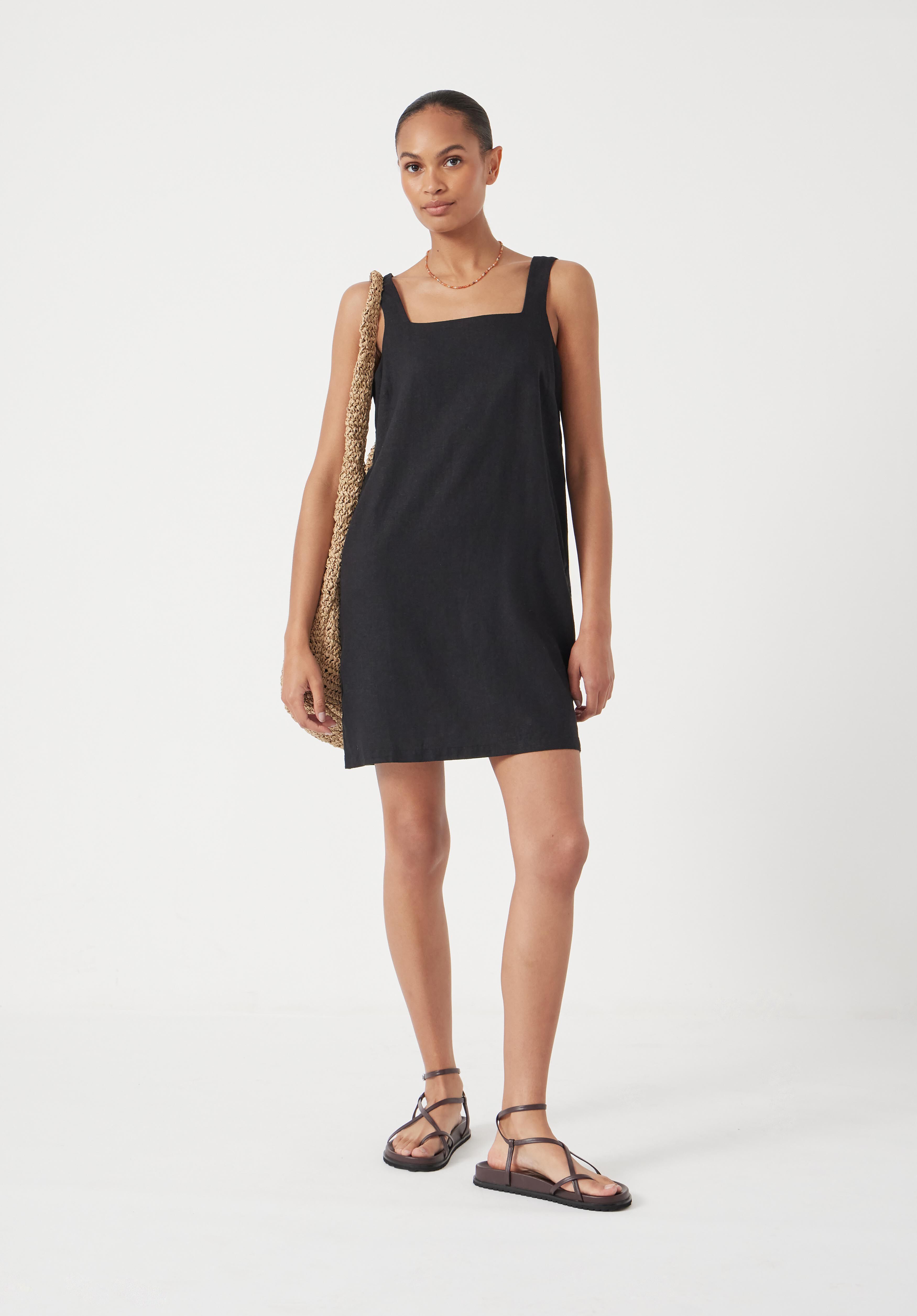 Square Neck Linen Blend Mini Dress