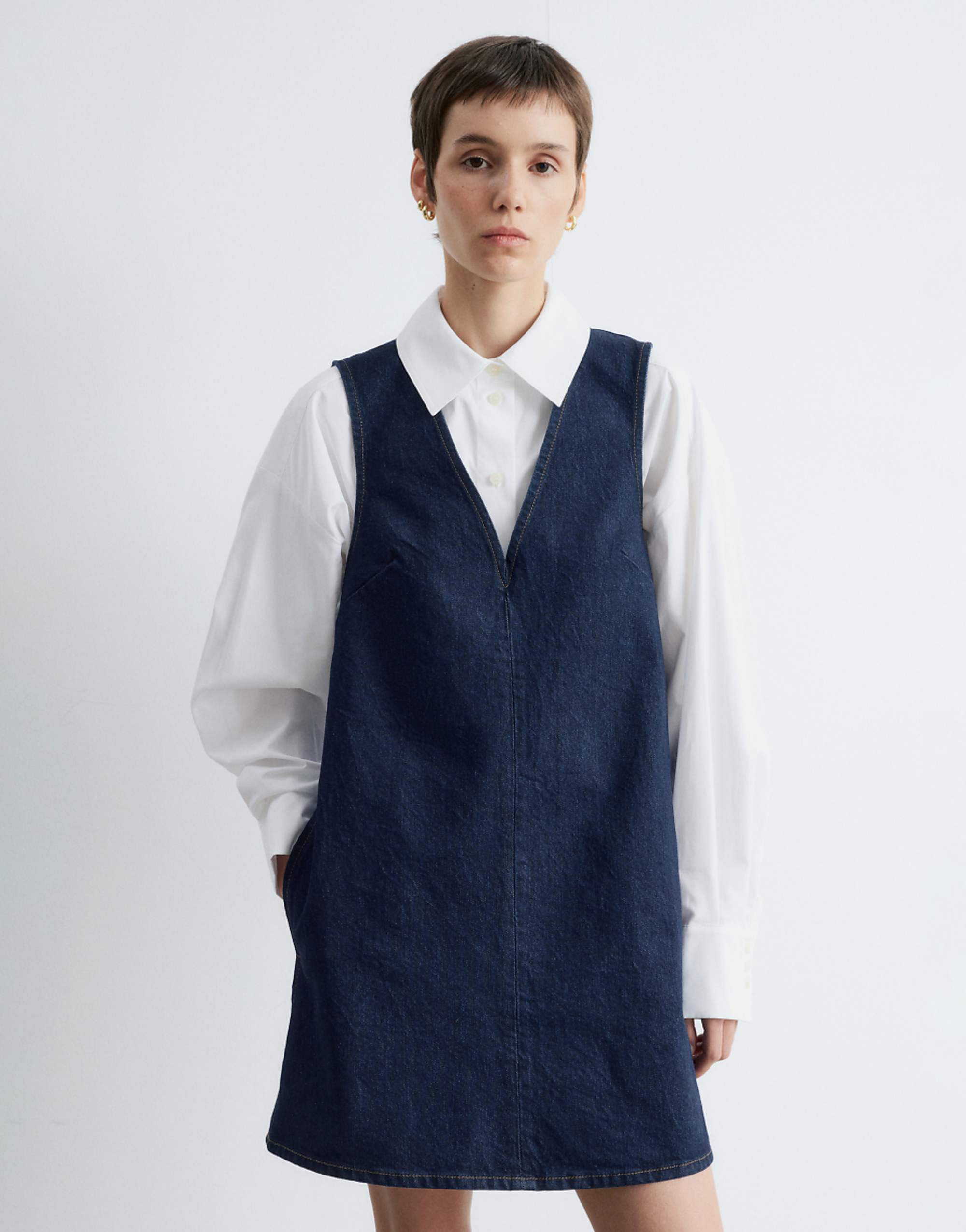 &amp;amp; Other Stories Stretch Denim V-Neck Mini Dress With Front Seam in Dark Washed Blue