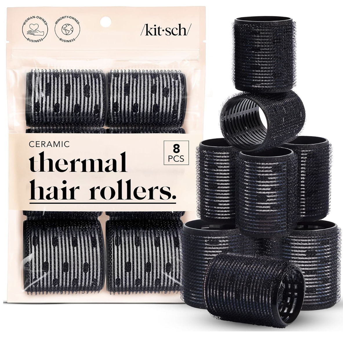 Kitsch Ceramic Thermal Hair Rollers for Women &amp;ndash; Self Grip Hair Curlers for Heatless Curls Overnight - Volumizing Large Rollers for Short &amp;amp; Long Hair - for Long Lasting Frizz-Free Curls - Black, 8pcs