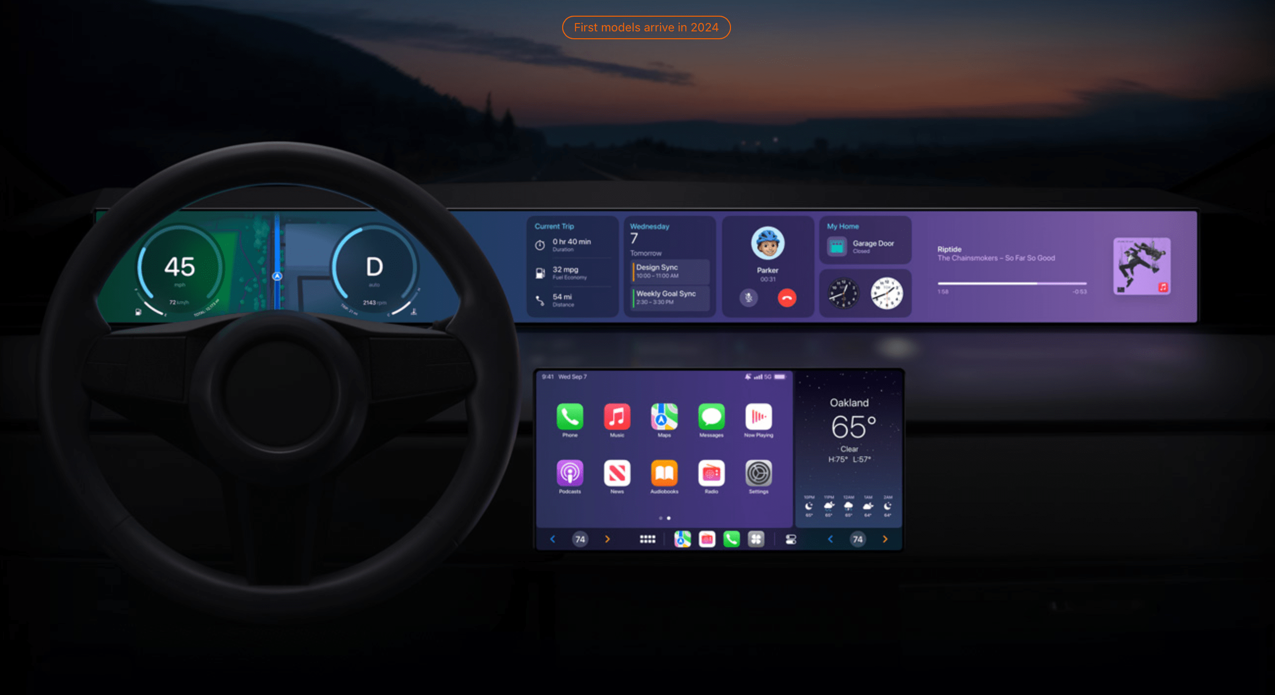 Apple’s CarPlay concept, showing a badge that reads “First models arrive in 2024.”