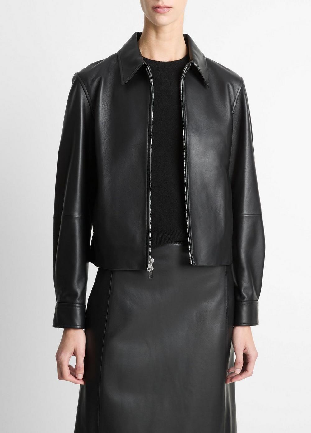 Leather Cropped Zip-Front Jacket
