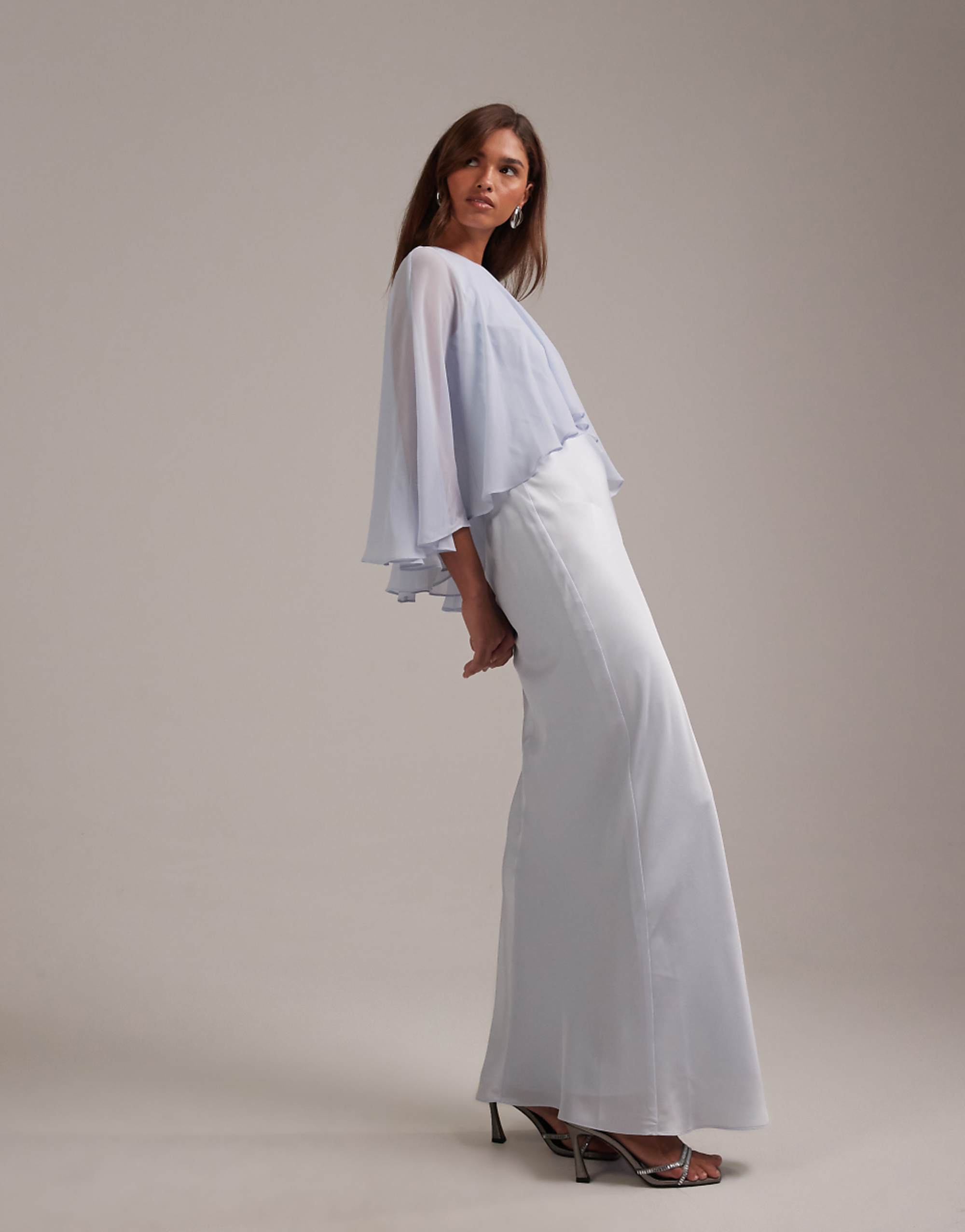 Asos Design Bridesmaids Sheer Chiffon Cape Overlay With Bias Cut Satin Dress in Blue
