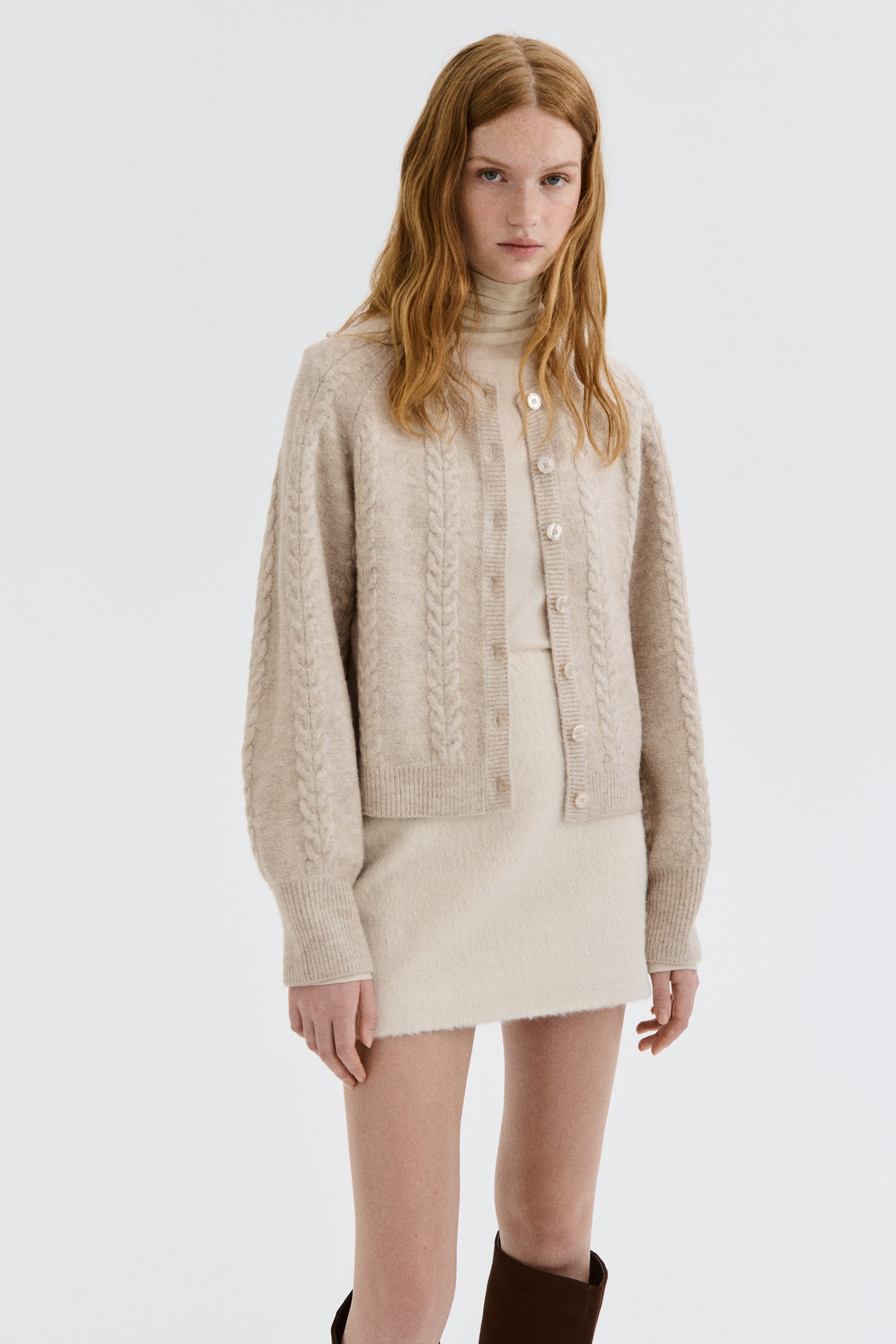Cable-Knit Cardigan - Light Beige Marl