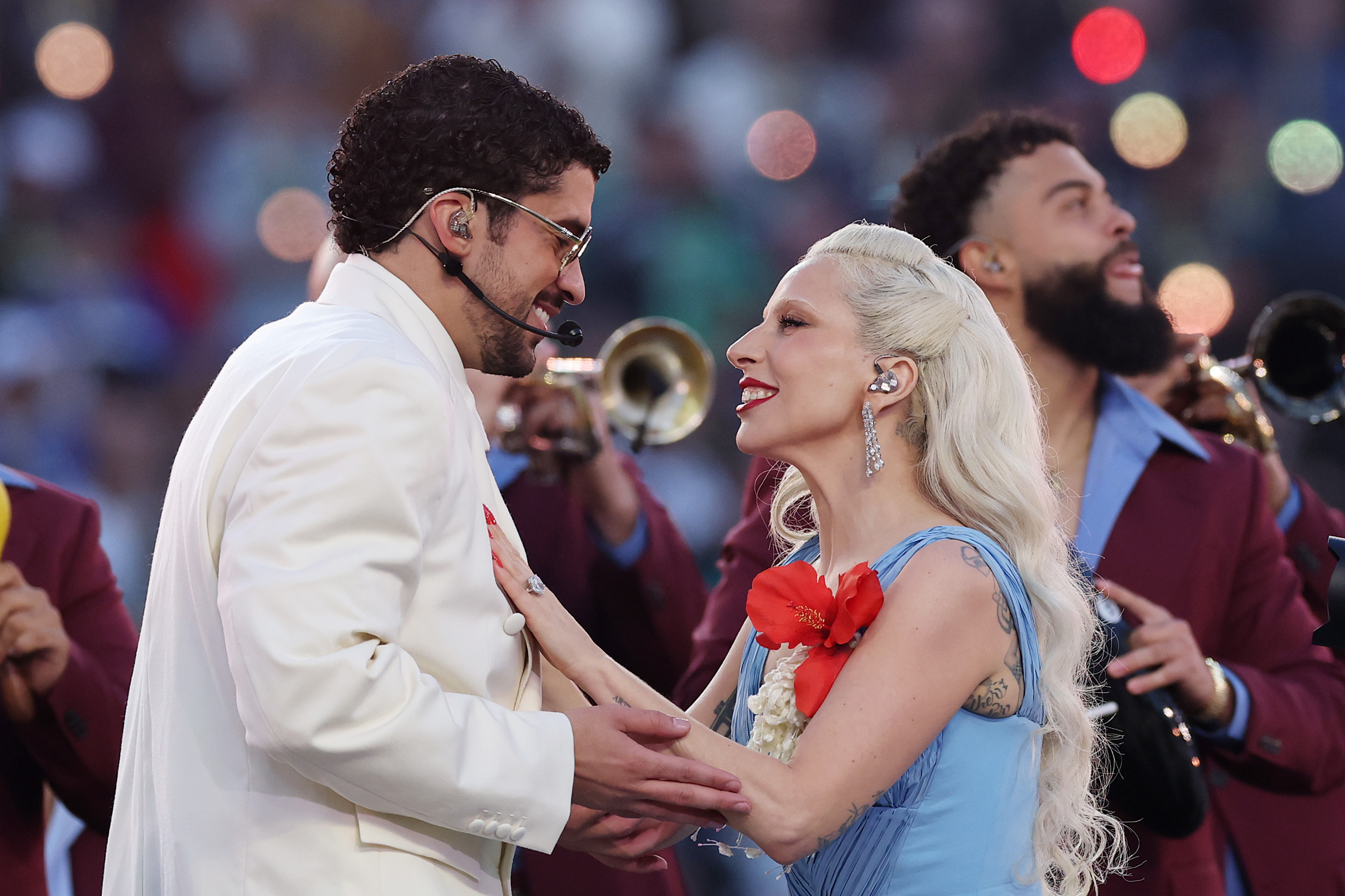 Bad Bunny and Lady Gaga perform onstage during the Apple Music Super Bowl LX Halftime Show at Levi's Stadium on February 08, 2026 in Santa Clara, California.