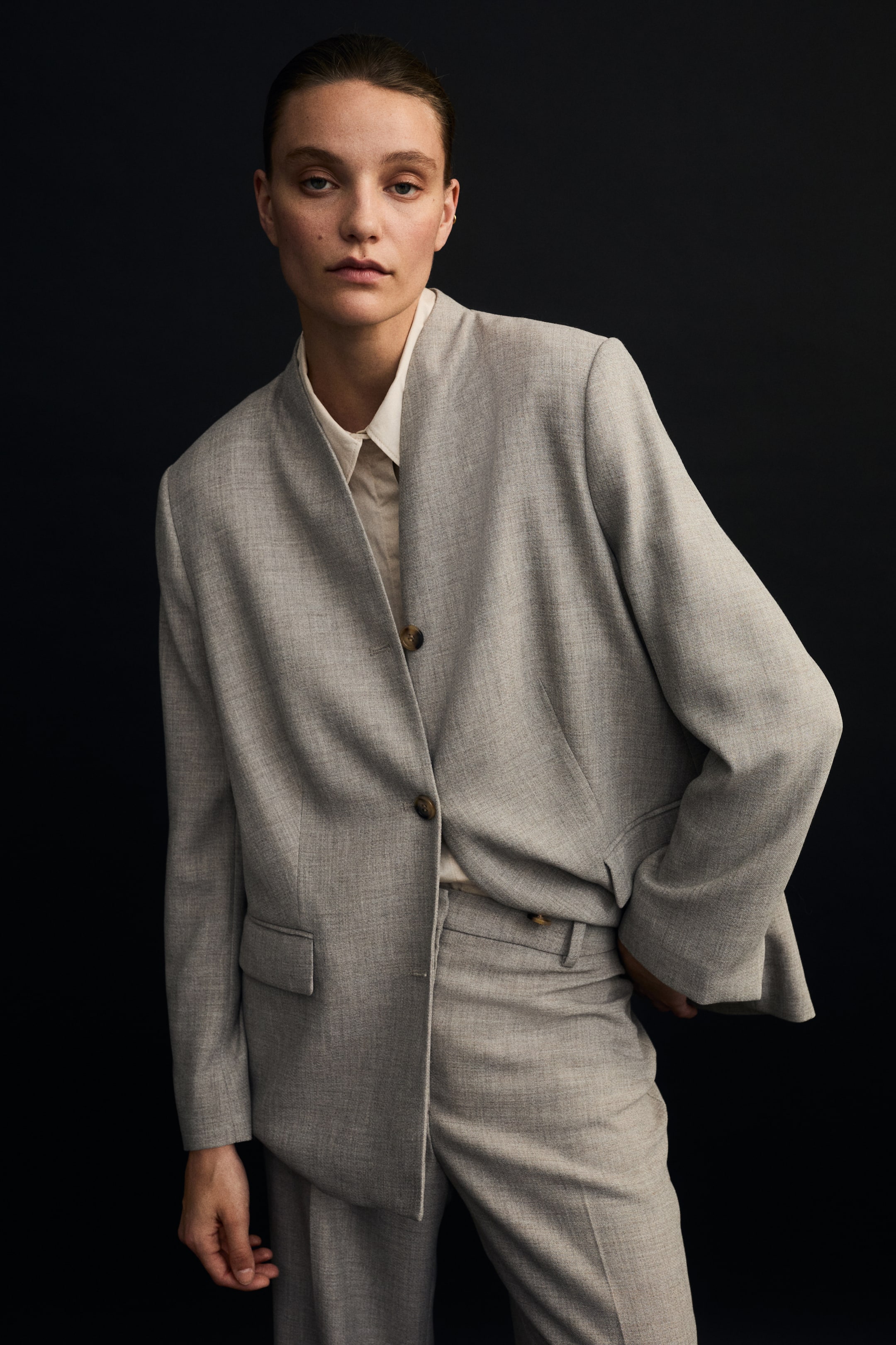 Lapelless Blazer - Beige