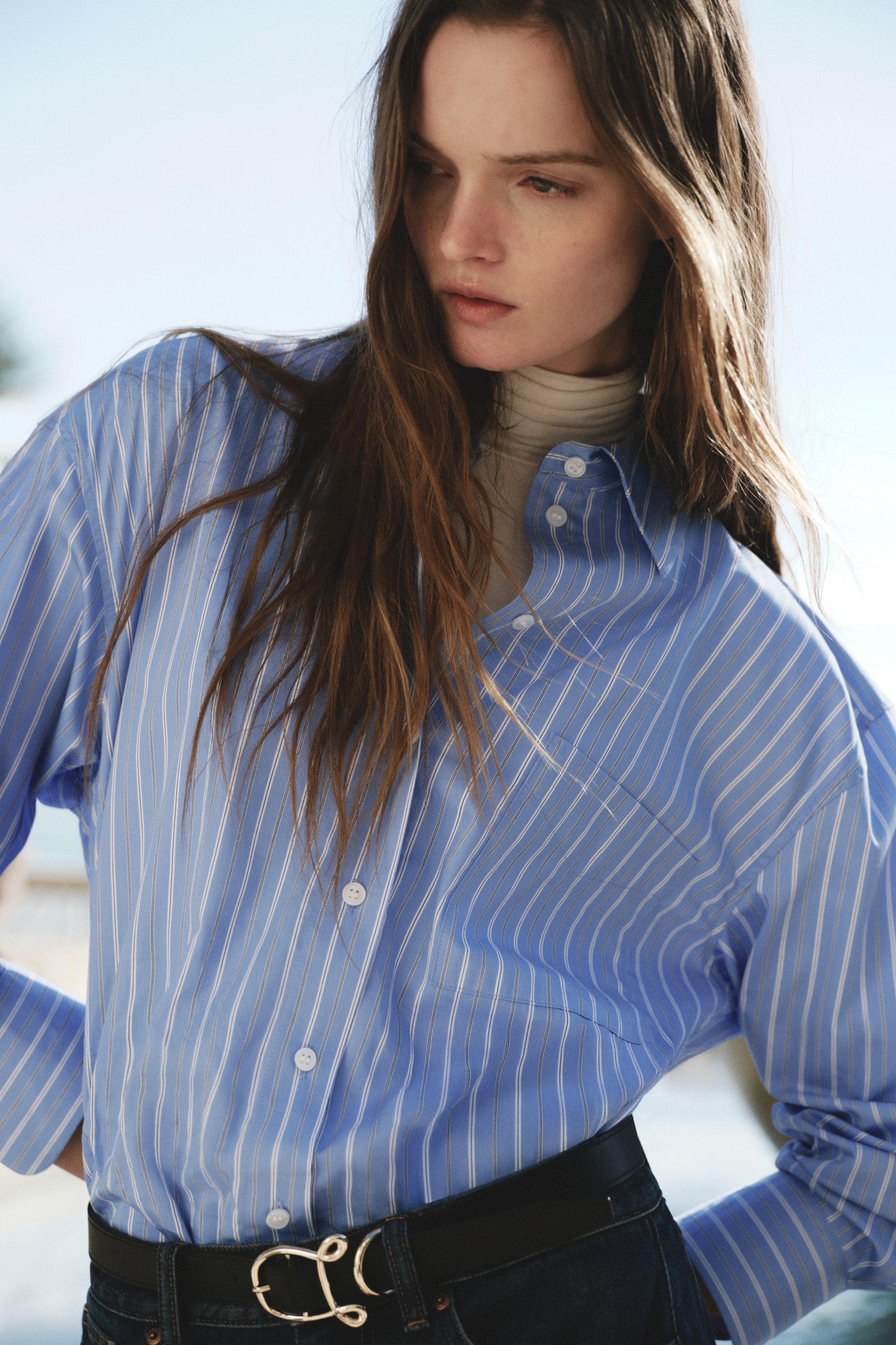 Oversized Poplin Shirt - Blue/striped