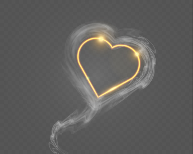 Glowing golden heart outline with soft smoke trail on transparent background.