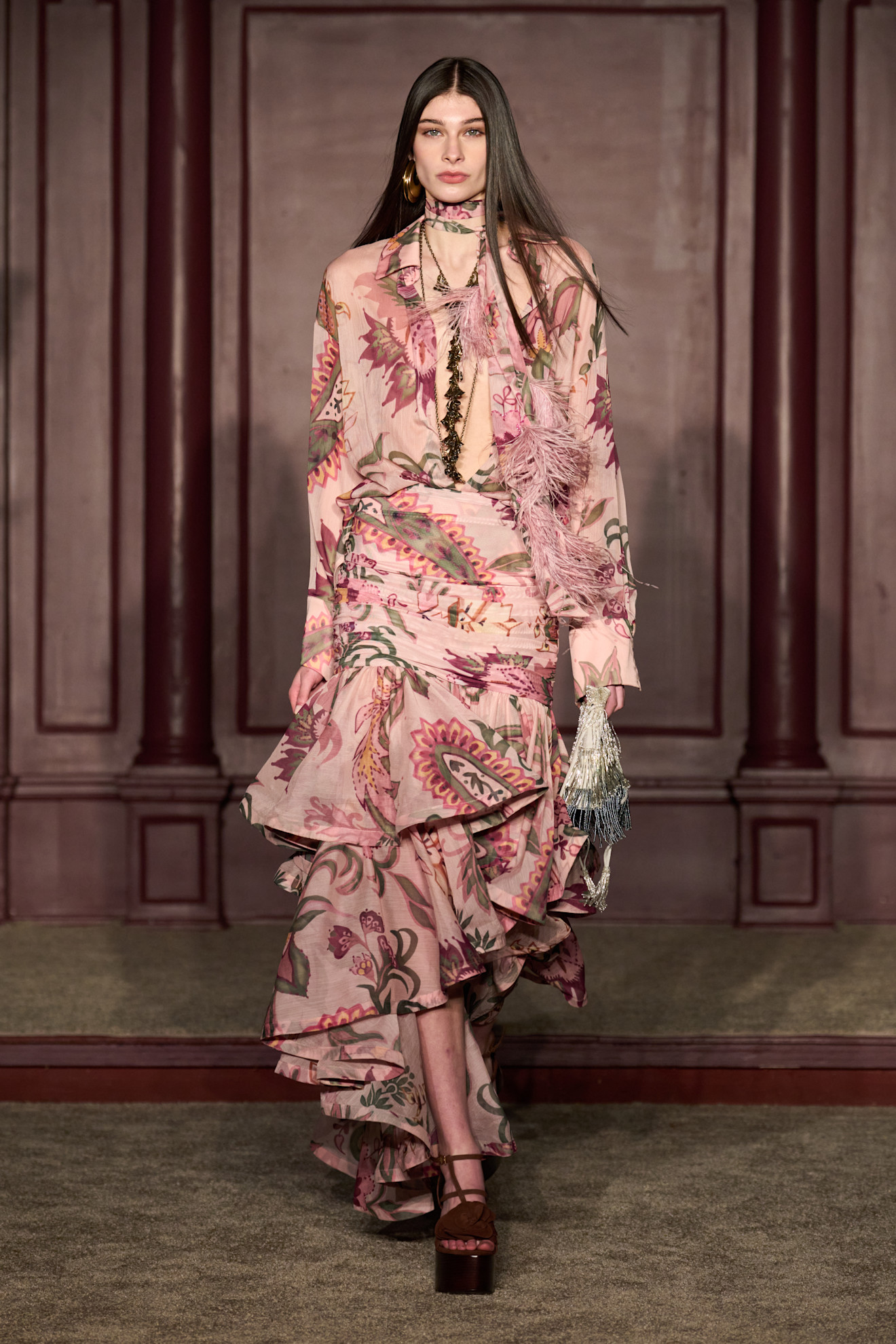 Photo of model wearing printed dress trend from New York Fashion Week Fall Winter 2026 runway show.