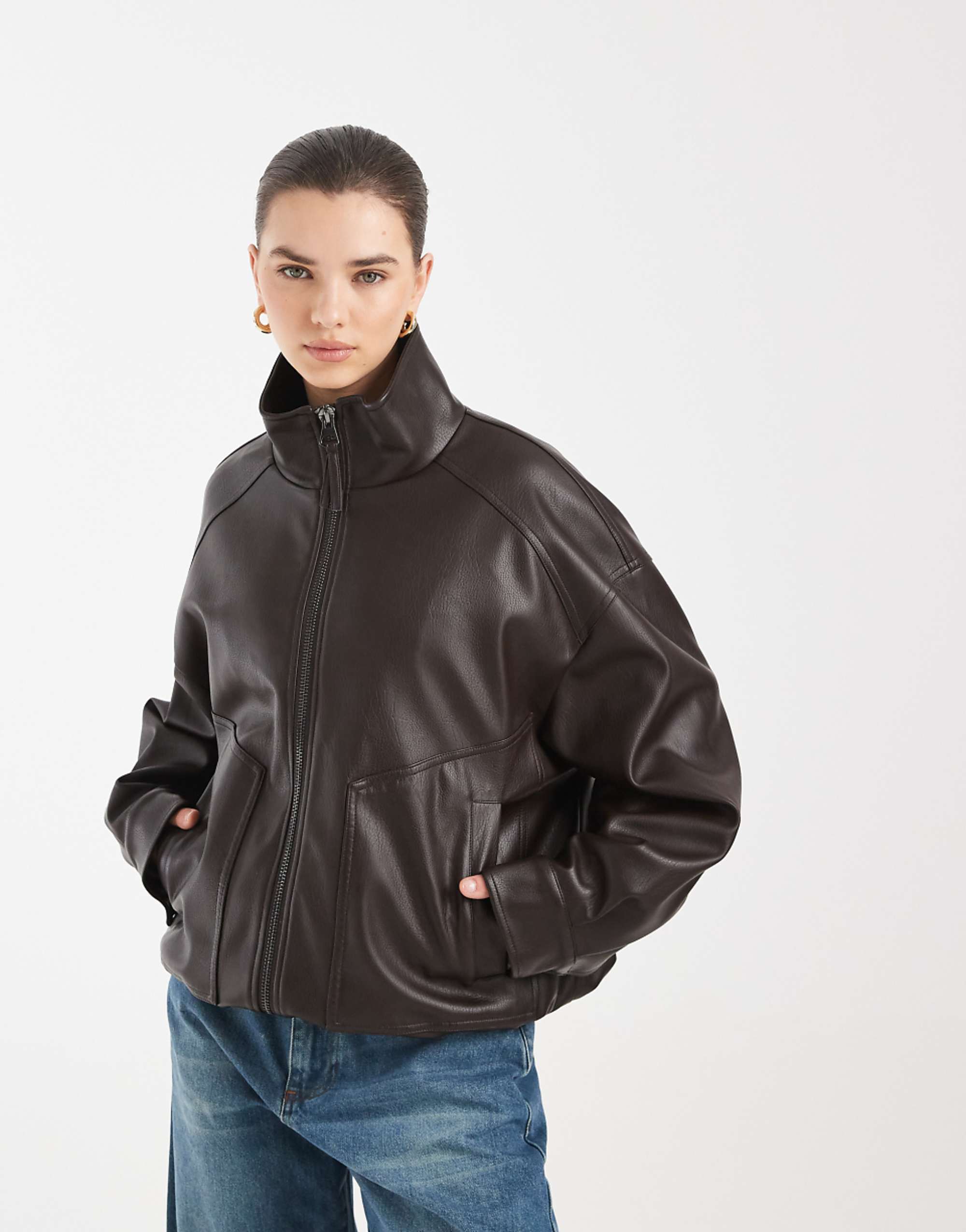 Asos Design Oversized Leather Look Funnel Bomber Jacket in Chocolate