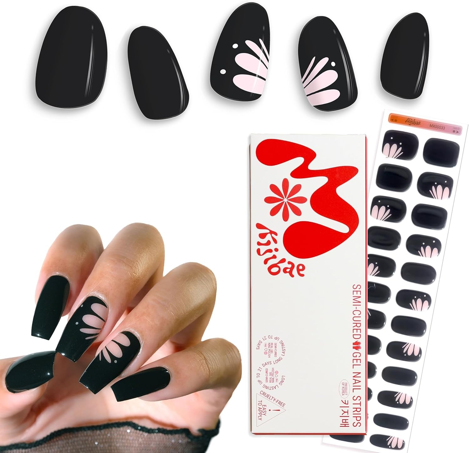 Kijibae, Kijibae Semi Cured Gel Polish Strips | 24pc Uv Led Required Wraps | Gift Peel and Stick Nails | Coquette Diy Home Manicure | Press on Alternative (midnight Butterfly)