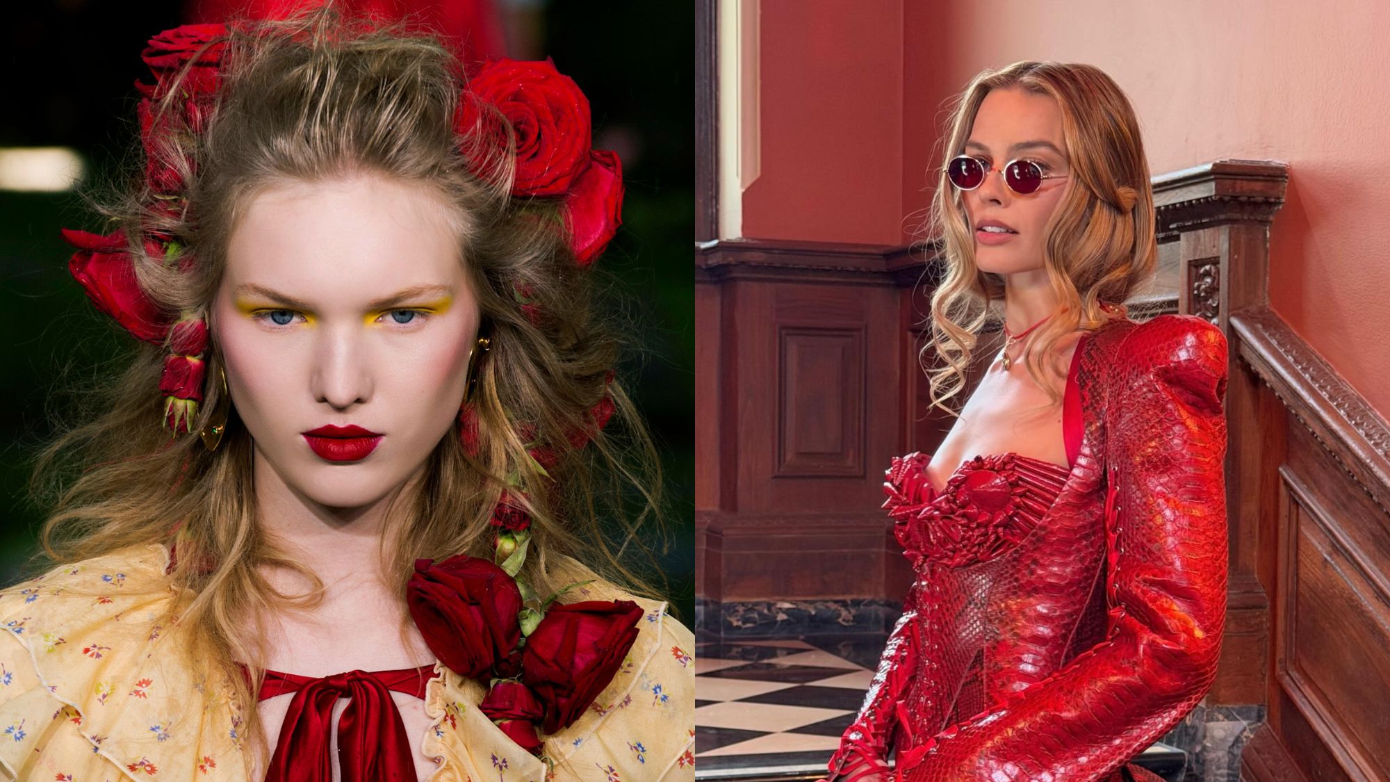 Image of a model from Rodarte's S/S 19 runway show and Margot Robbie from the Wuthering Heights press tour.
