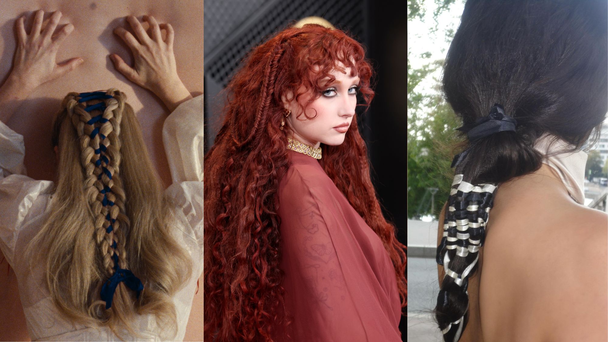 Three images, including a still of Margot Robbie from Wuthering Heights, an image of Chappell Roan on the 2026 Grammys red carpet, and Rosal&amp;iacute;a's ponytail at Paris Fashion Week.