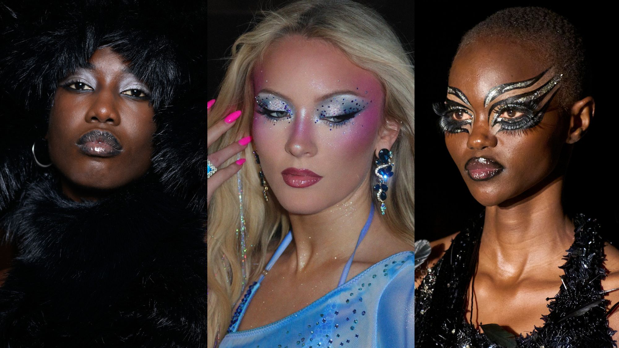 Two images of models at Luar and Kim Shui fashion shows, plus an image of Zara Larsson with makeup by Sophia Sinot.