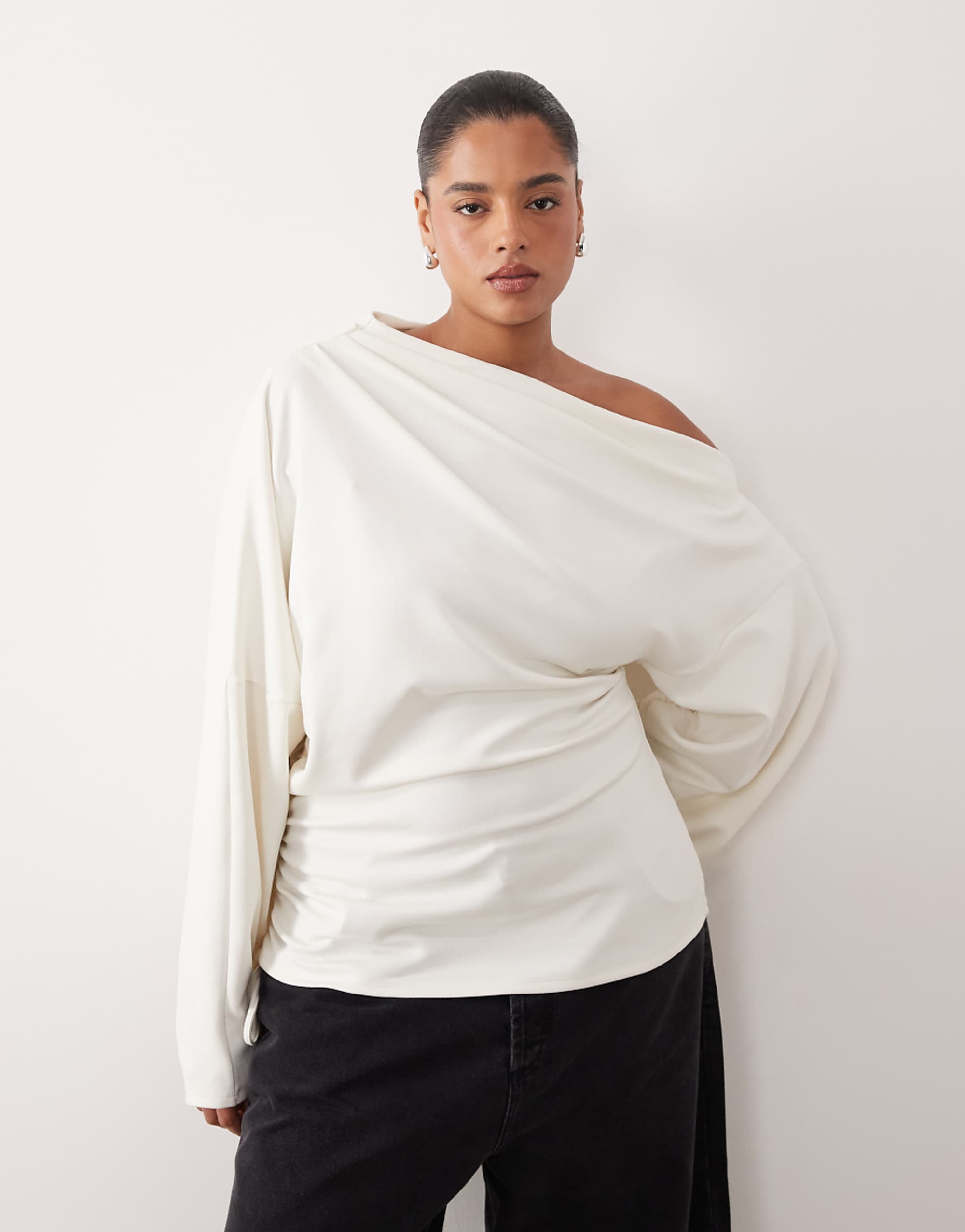 Arrange Curve Jersey Off the Shoulder Wide Sleeves Top With Ruched Hem in White