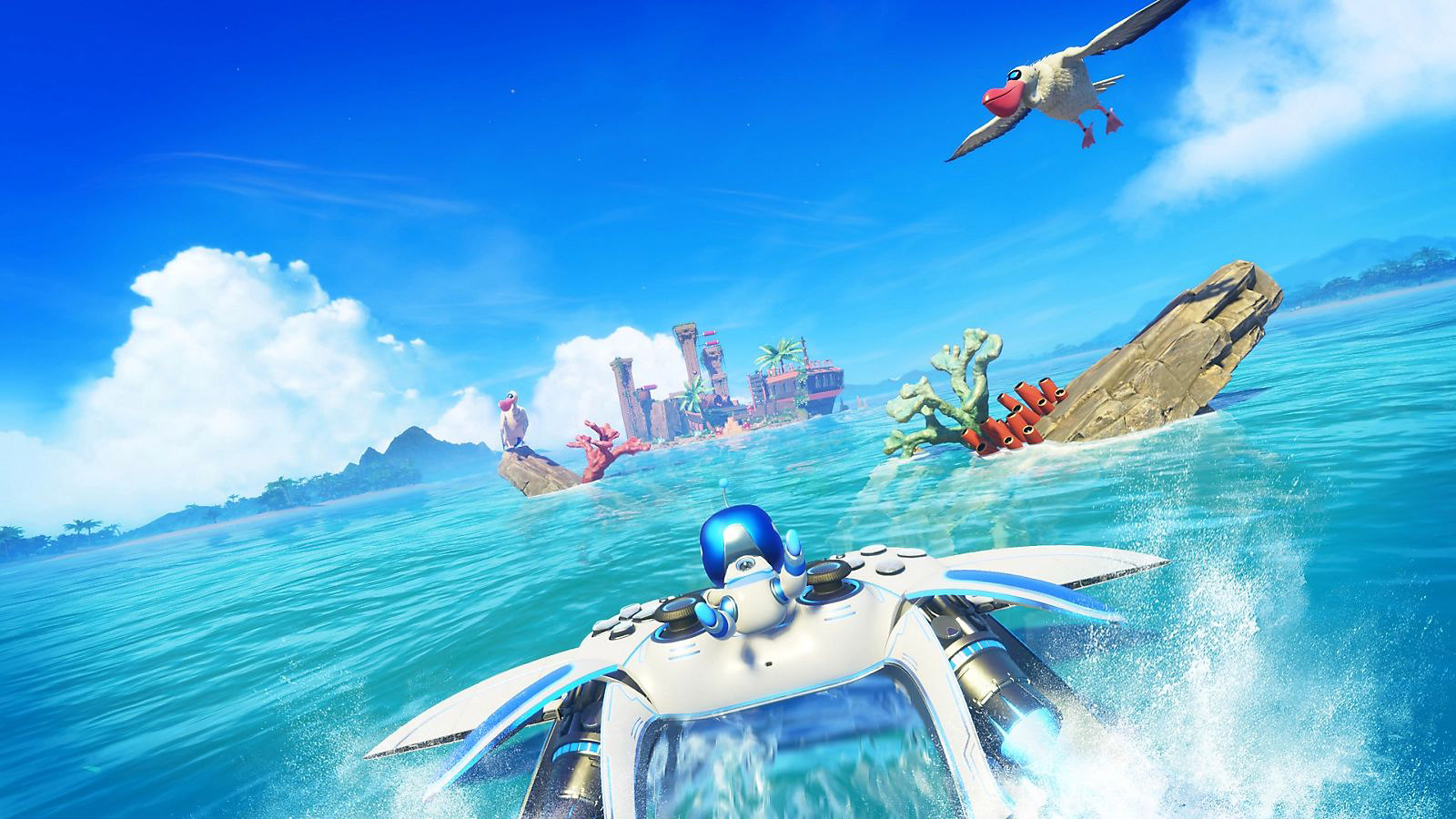Screenshot from Astro Bot featuring Astro riding a DualSense controller over a gorgeous ocean