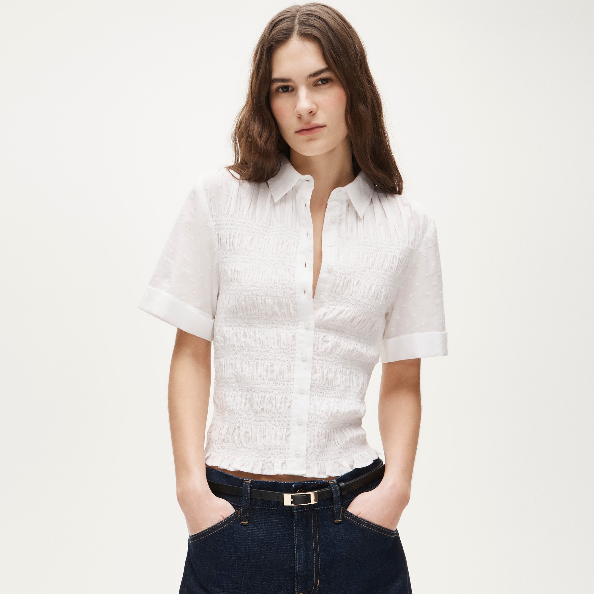 Smocked Button-Up Short-Sleeve Shirt