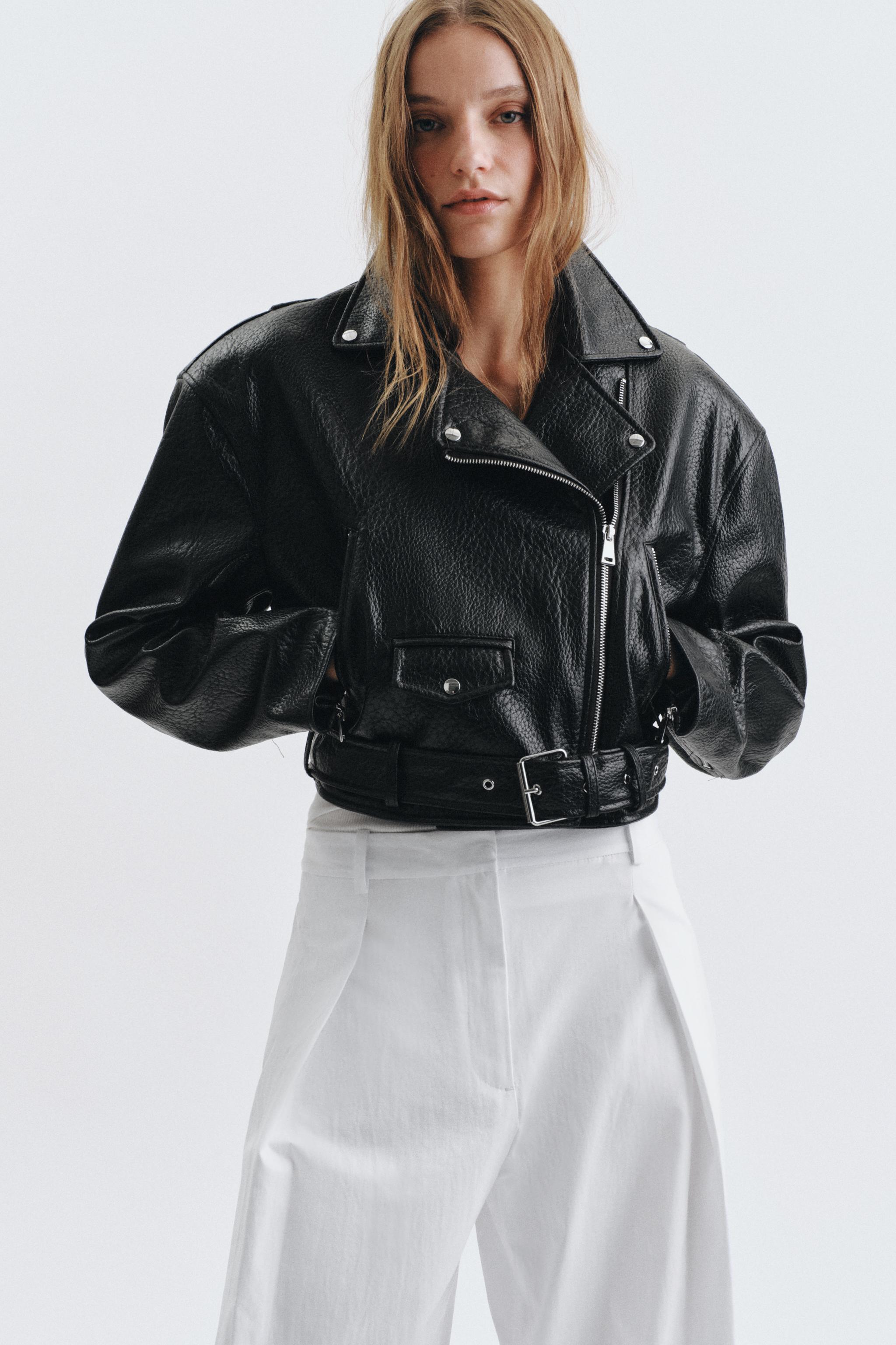 Faux Leather Biker Jacket With Shoulder Pads