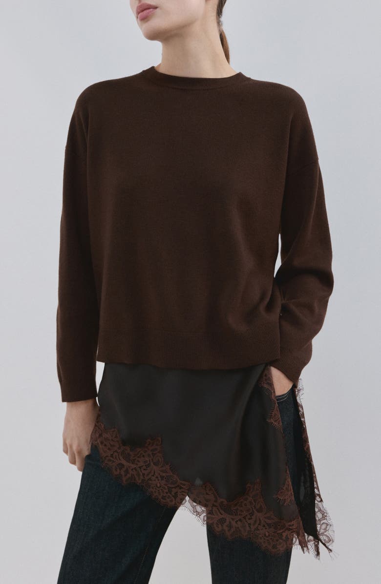 Mixed Media Asymmetric Hem Lace Trim Sweater