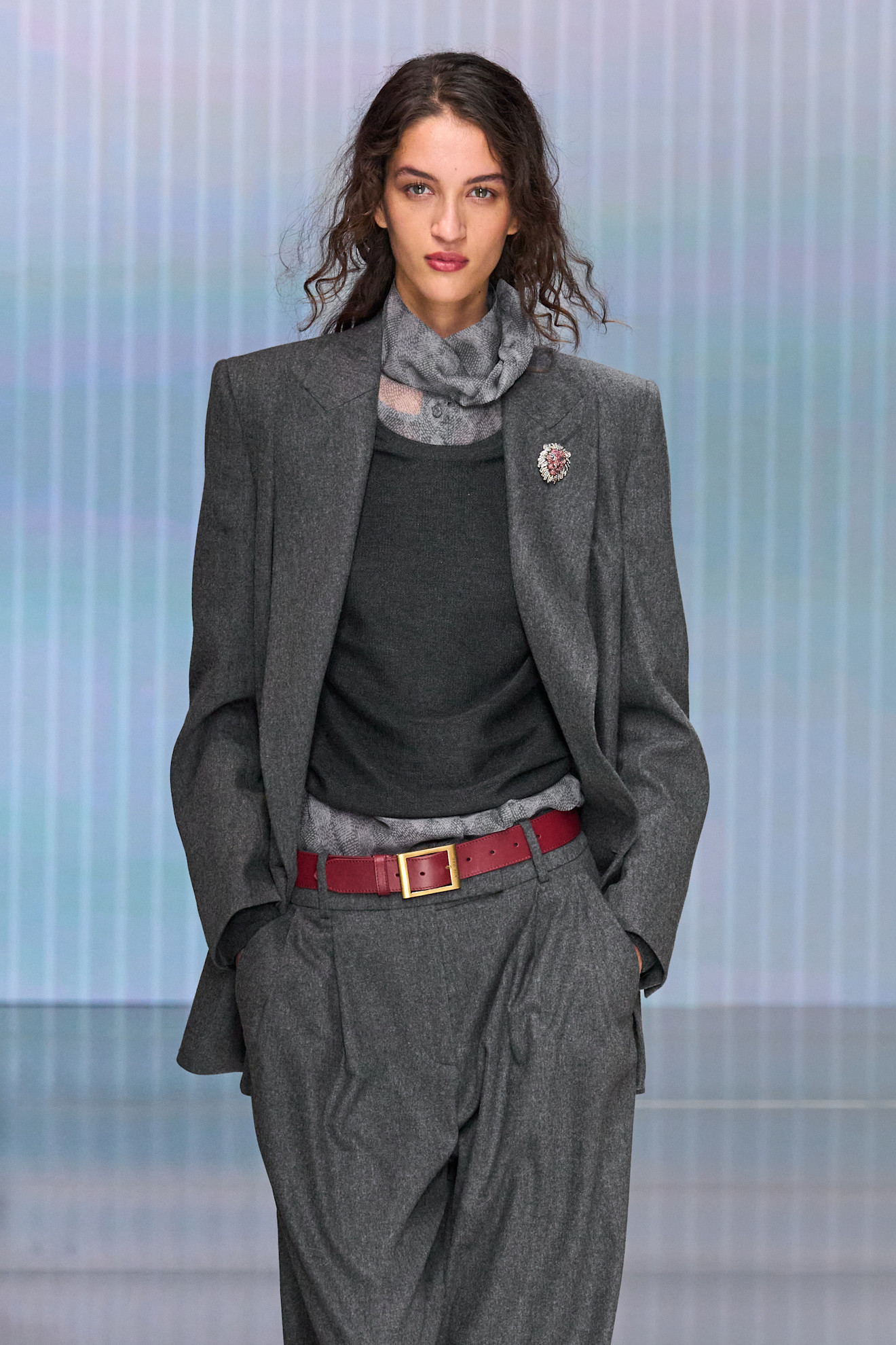 a model walks the giorgio armani fall/winter 2026 show.