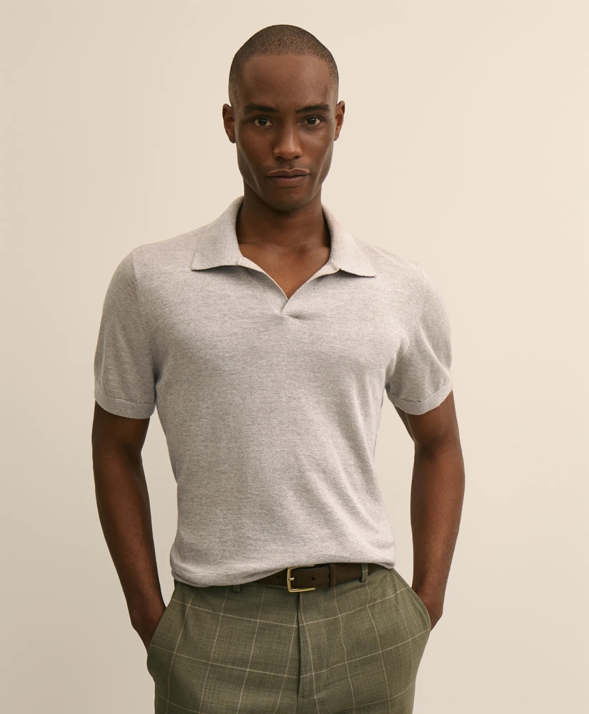 Linen-Cotton-Cashmere Short-Sleeve Moulin&amp;eacute; Johnny Collar Sweater